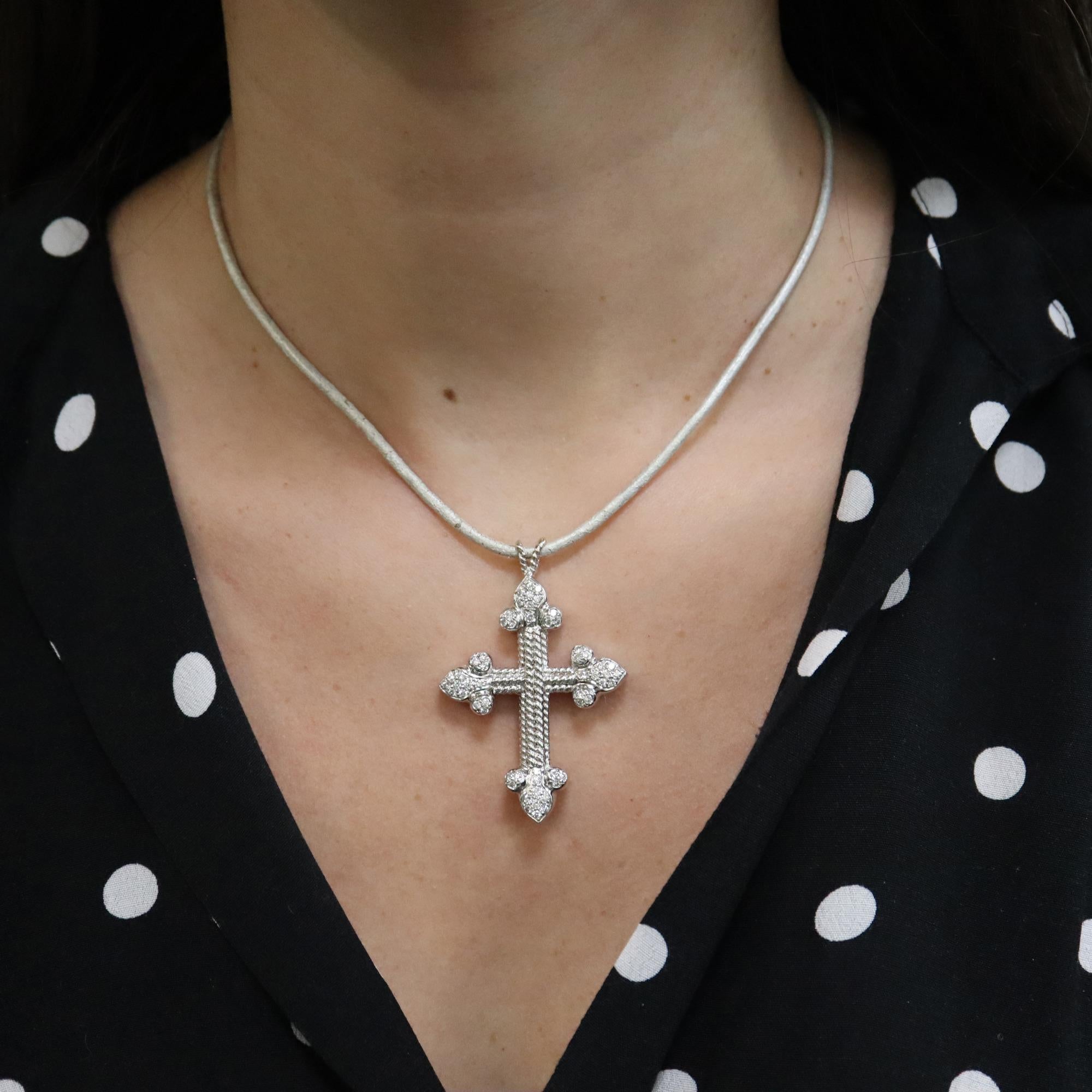 Modern Rachel Koen Diamond Cross Women's Pendant Necklace in 18K White Gold 0.22Cttw For Sale
