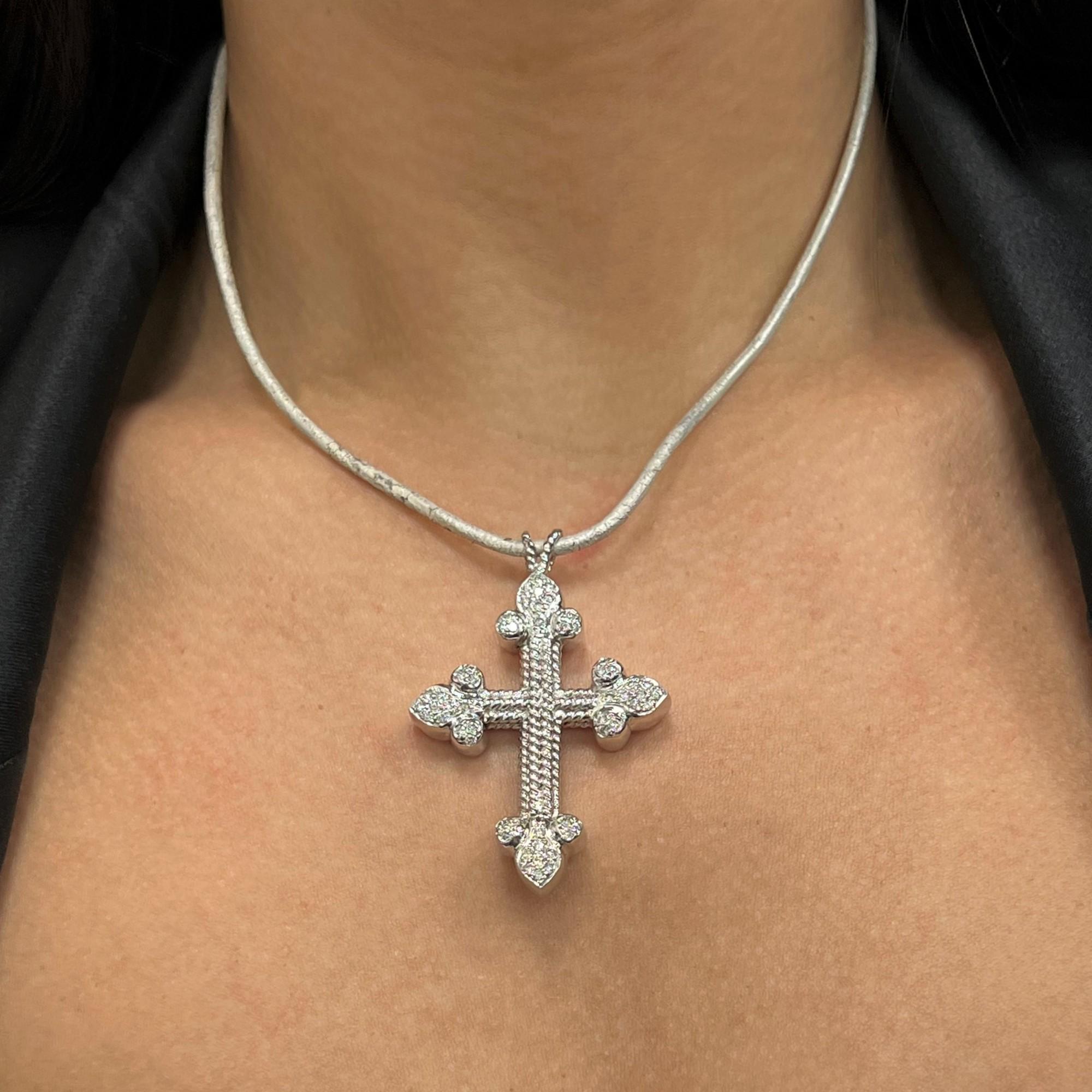 Round Cut Rachel Koen Diamond Cross Women's Pendant Necklace in 18K White Gold 0.22Cttw For Sale