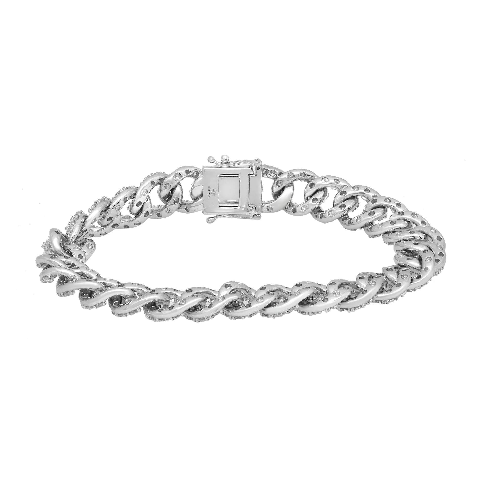 Embrace the classic Cuban link chain bracelet look with this perfect everyday wear stackable bracelet. This elegant bracelet is crafted in lustrous 18K white gold and features prong set round brilliant cut diamonds encrusted all over the bracelet.