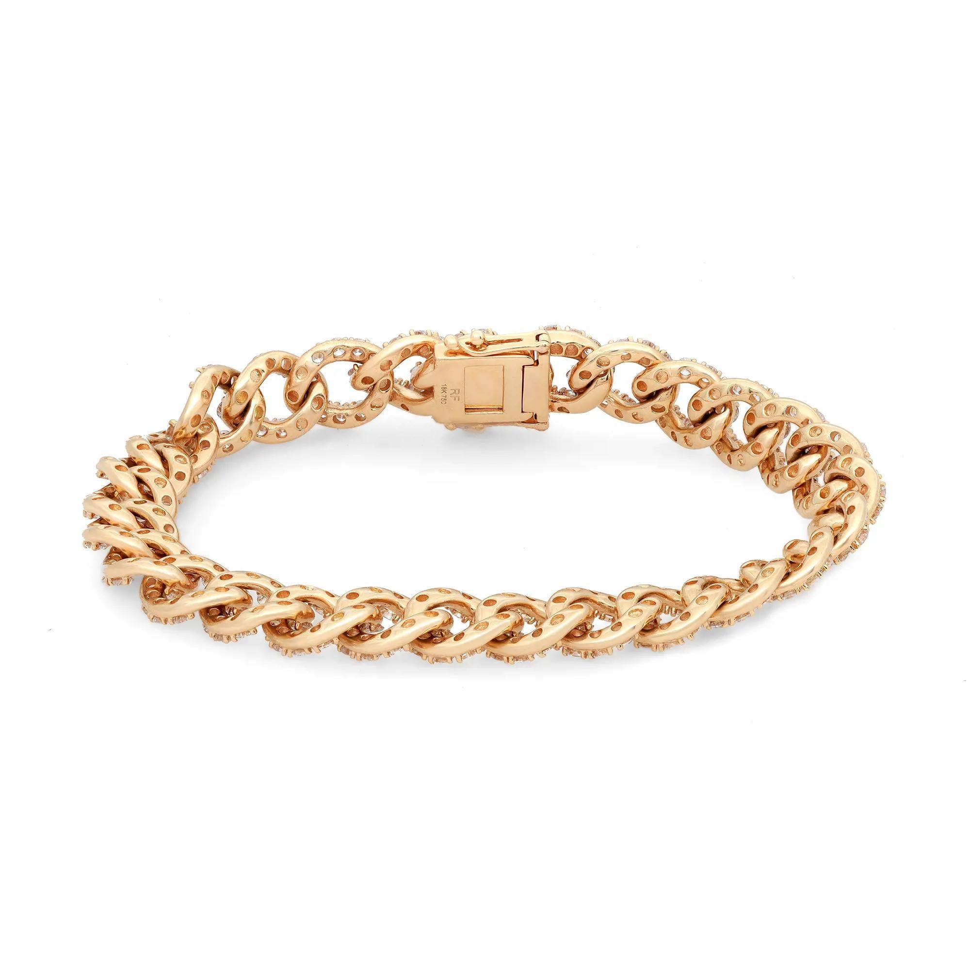 Embrace the classic Cuban link chain bracelet look with this perfect everyday wear stackable bracelet. This elegant bracelet is crafted in lustrous 18K yellow gold and features prong set round brilliant cut diamonds encrusted all over the bracelet.