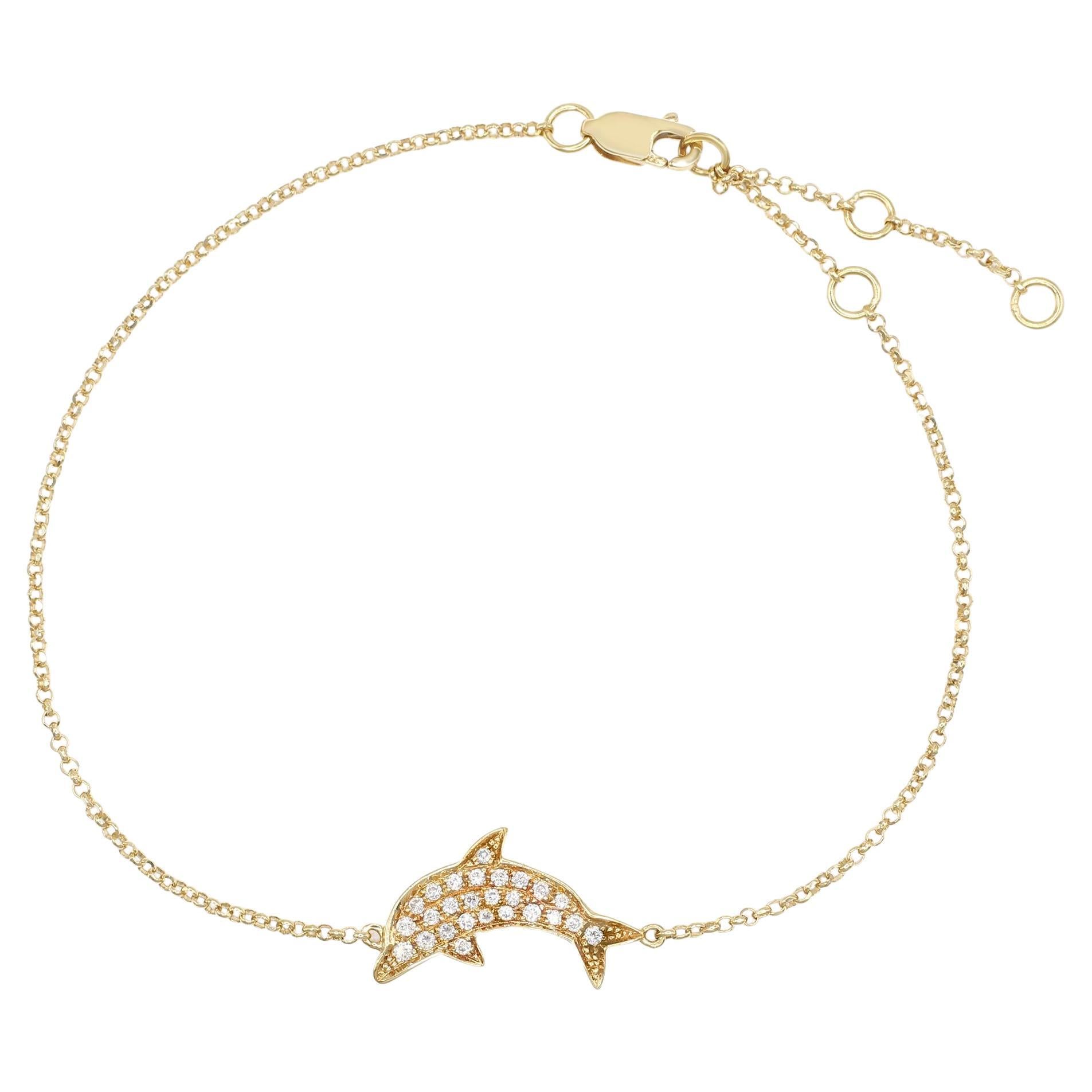 Rachel Koen Diamond Dolphin Chain Bracelet 18K Yellow Gold 0.20cttw For Sale