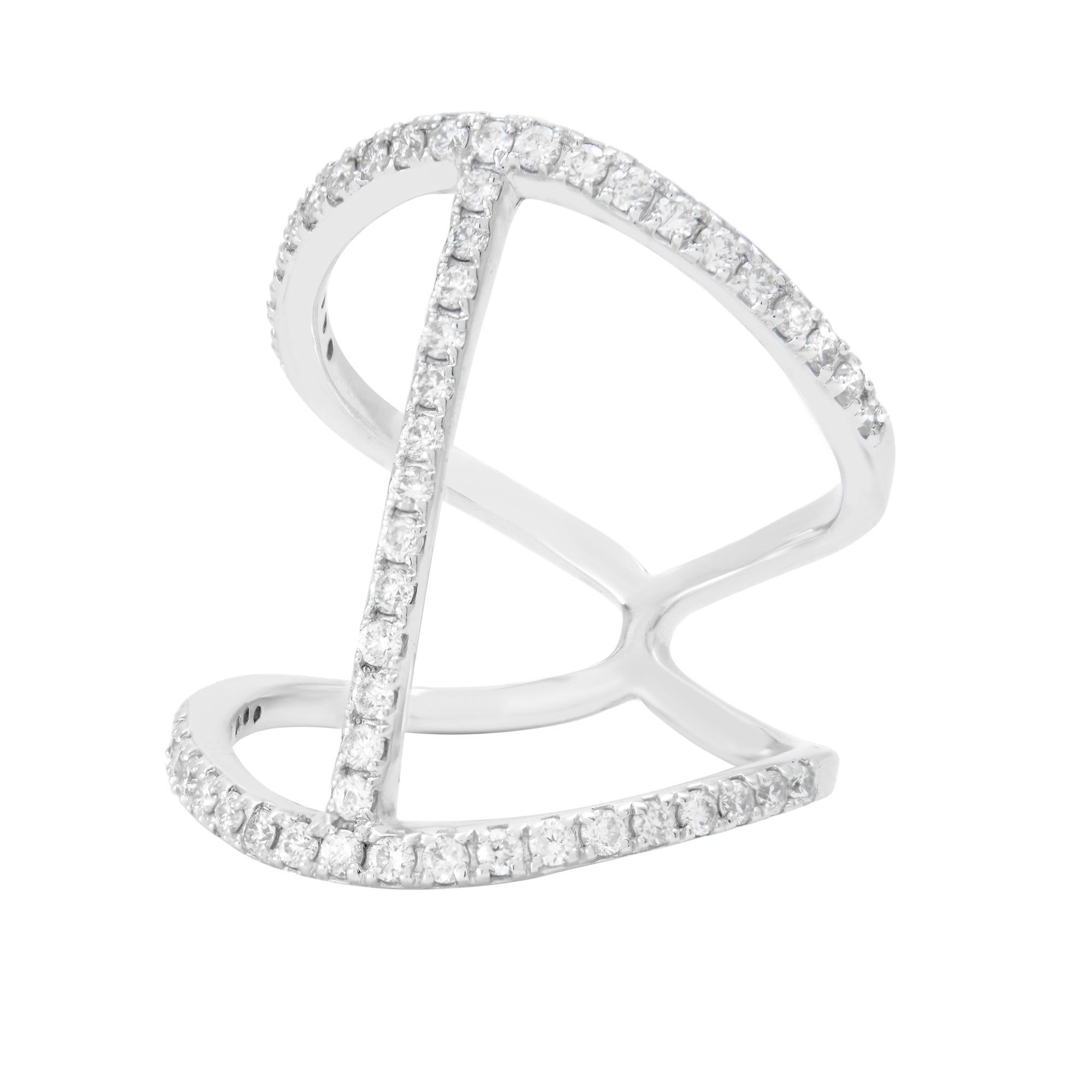 This stunning diamond double band guard designed ring is crafted in 14k white gold and set with 0.64cttw tiny round brilliant cut diamonds. Diamond color G and VS-SI clarity. This unique ring is very chic and stylish. Looks great alone or with other