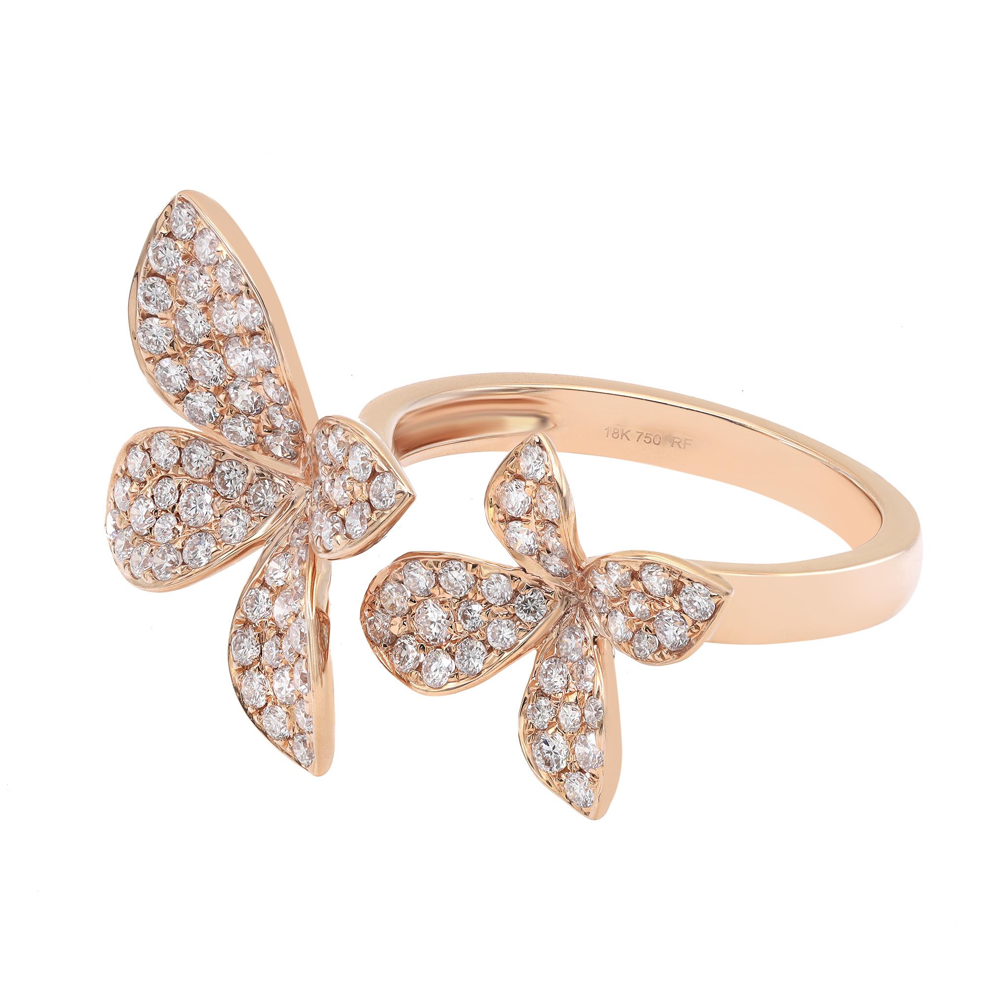 Fun and beautiful diamond double flower cocktail ring. This ring features two beautifully crafted flowers in 18k rose gold, encrusted with dazzling round cut diamonds. A great pick for any occasion. Total diamond weight: 0.95 carat. Diamond quality: