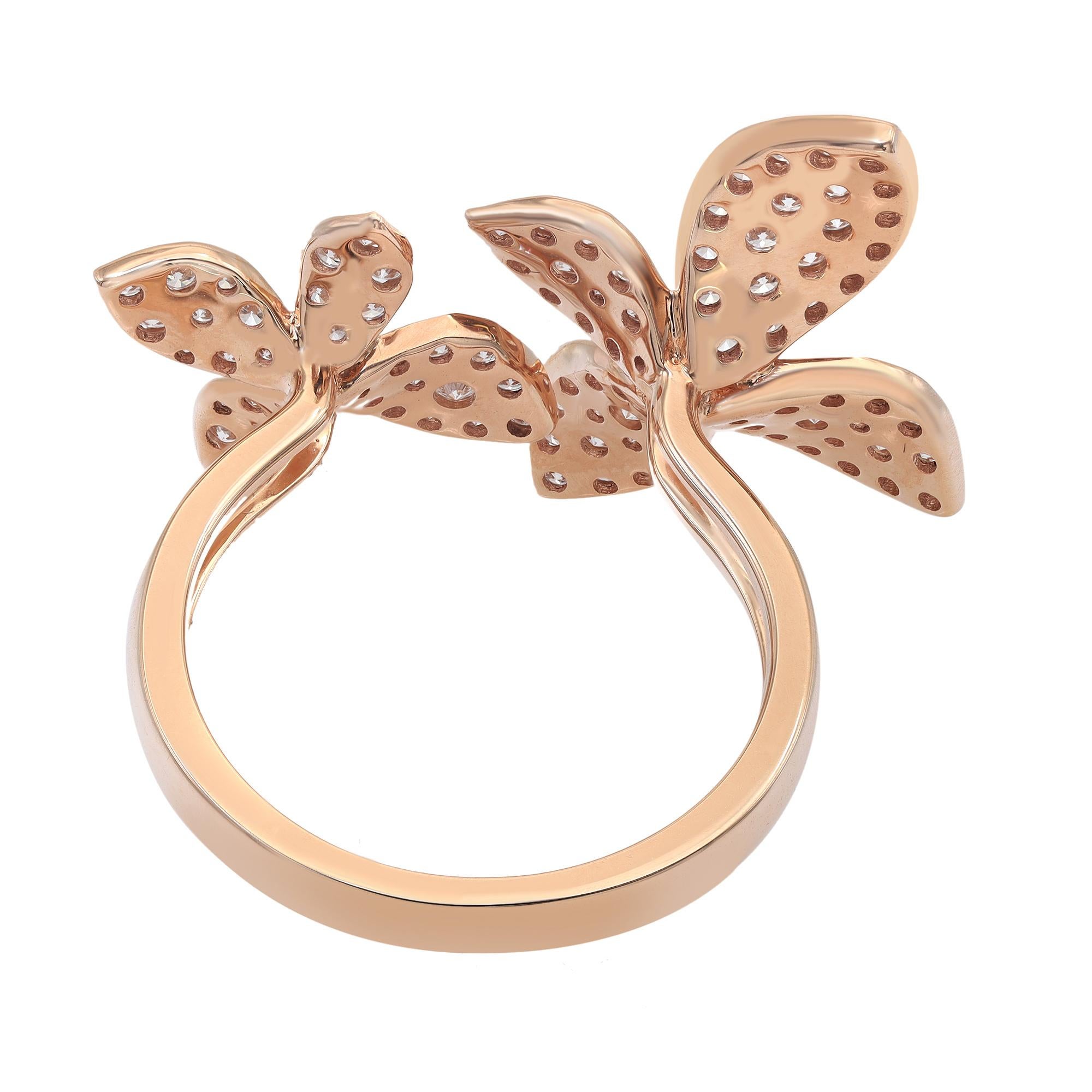 Modern Rachel Koen Diamond Double Flower Cocktail Ring 18K Rose Gold 0.95Cttw Size 7 For Sale