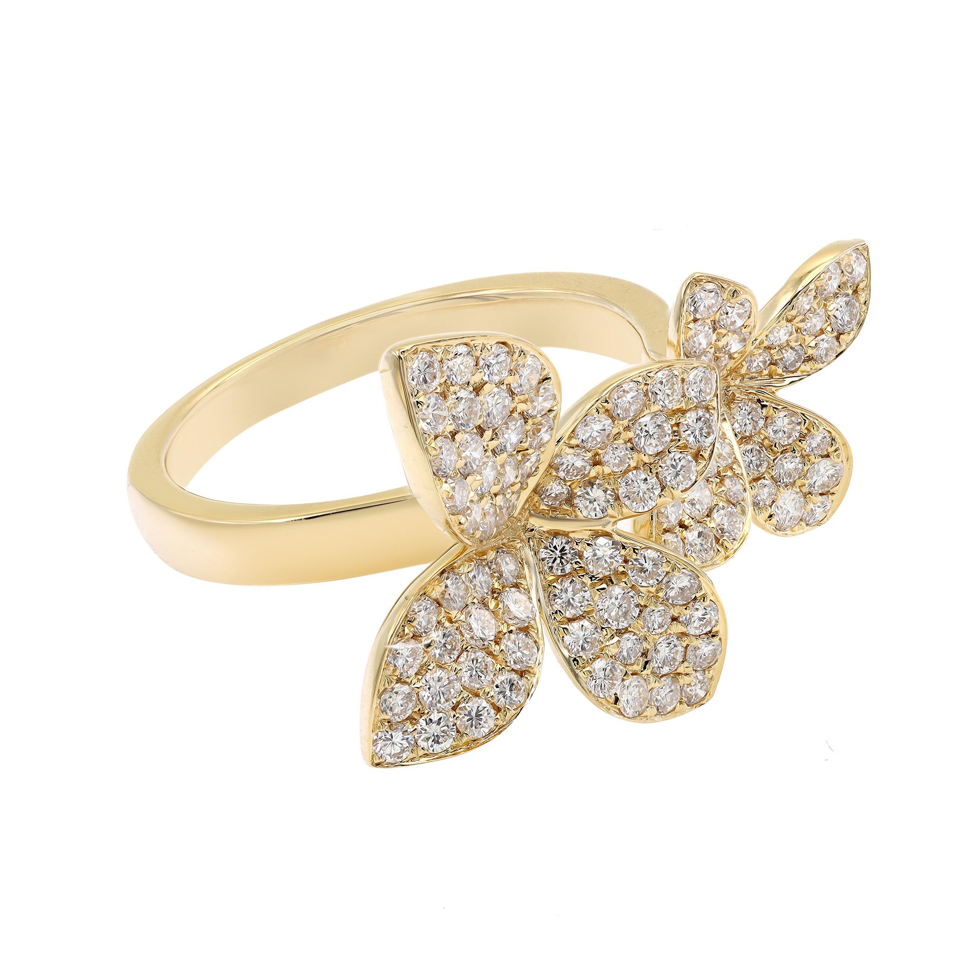 Fun and beautiful diamond double flower cocktail ring. This ring features two beautifully crafted flowers in 18k yellow gold, encrusted with dazzling round cut diamonds. A great pick for any occasion. Total diamond weight: 0.98 carat. Diamond