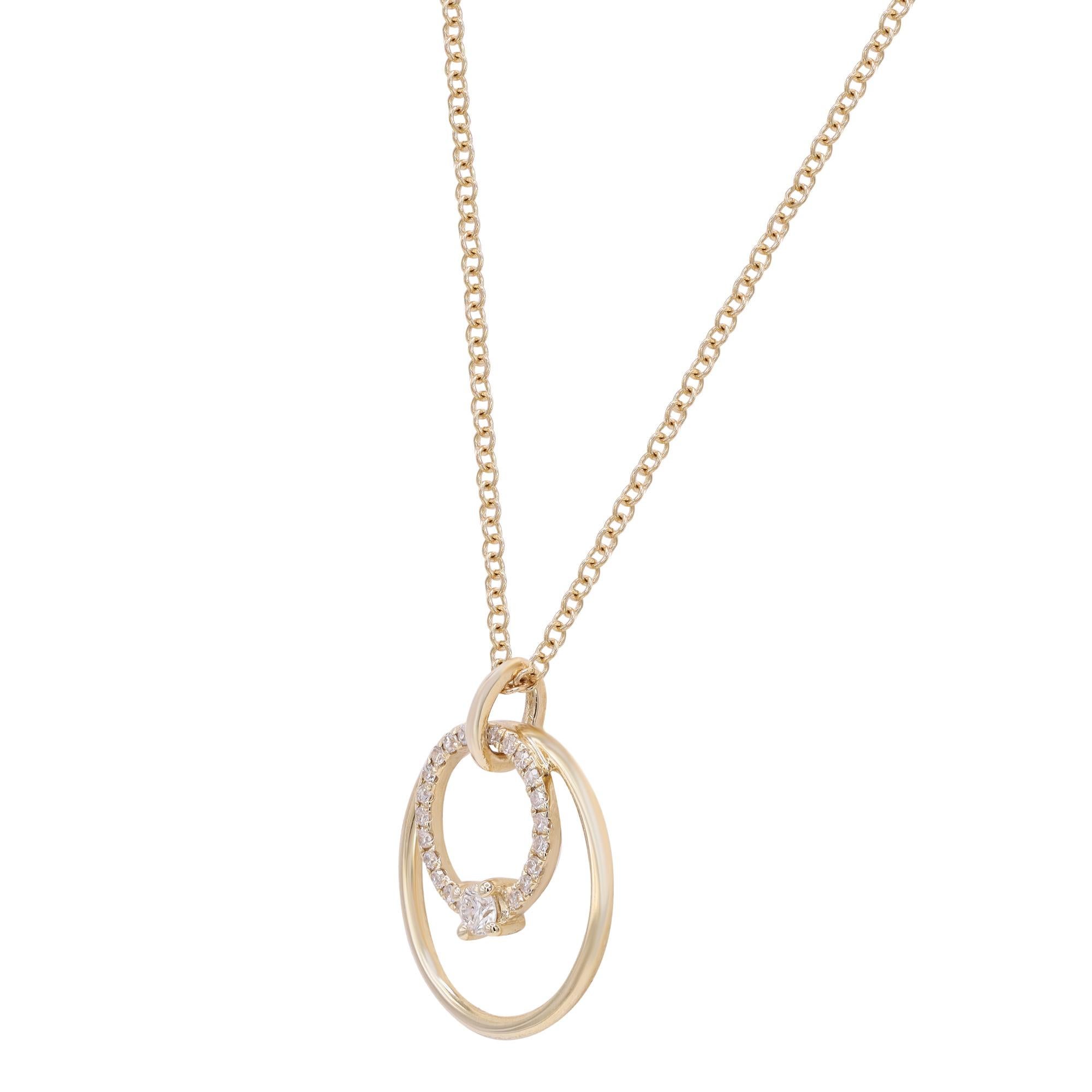 Round Cut Rachel Koen Diamond Double Ring Pendant Necklace 14K Yellow Gold 0.11Cttw For Sale