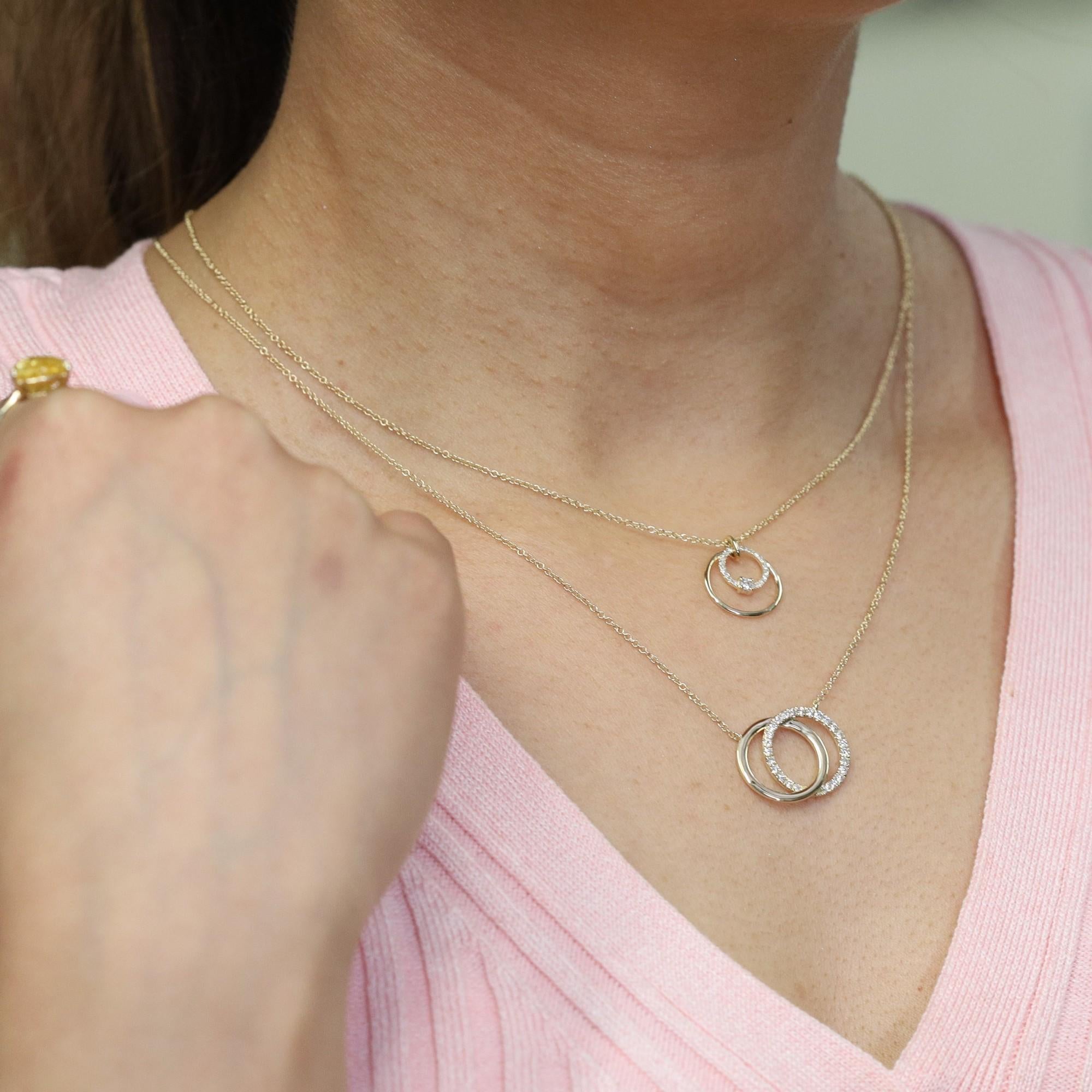 Women's Rachel Koen Diamond Double Ring Pendant Necklace 14K Yellow Gold 0.11Cttw For Sale