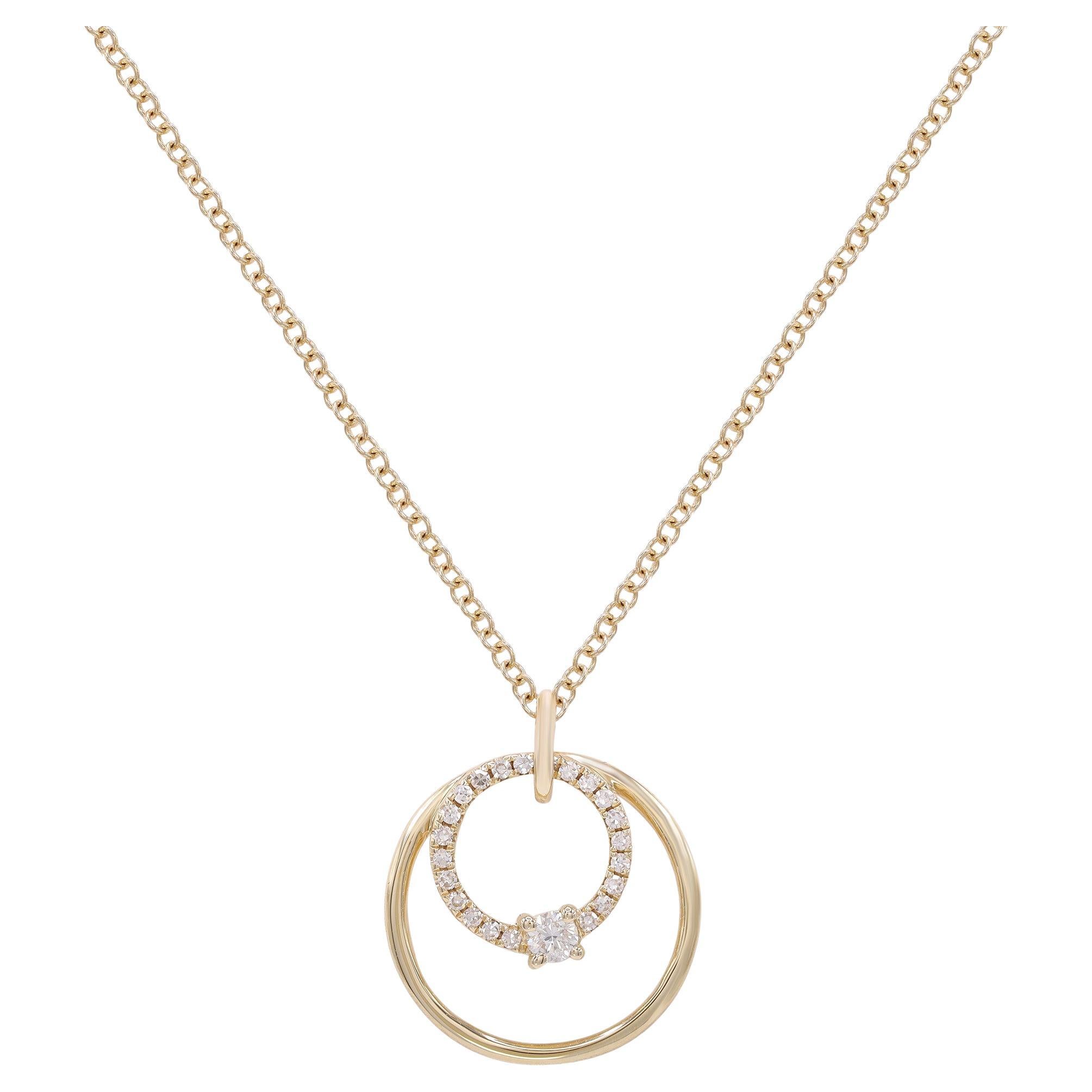 Rachel Koen Diamond Double Ring Pendant Necklace 14K Yellow Gold 0.11Cttw For Sale