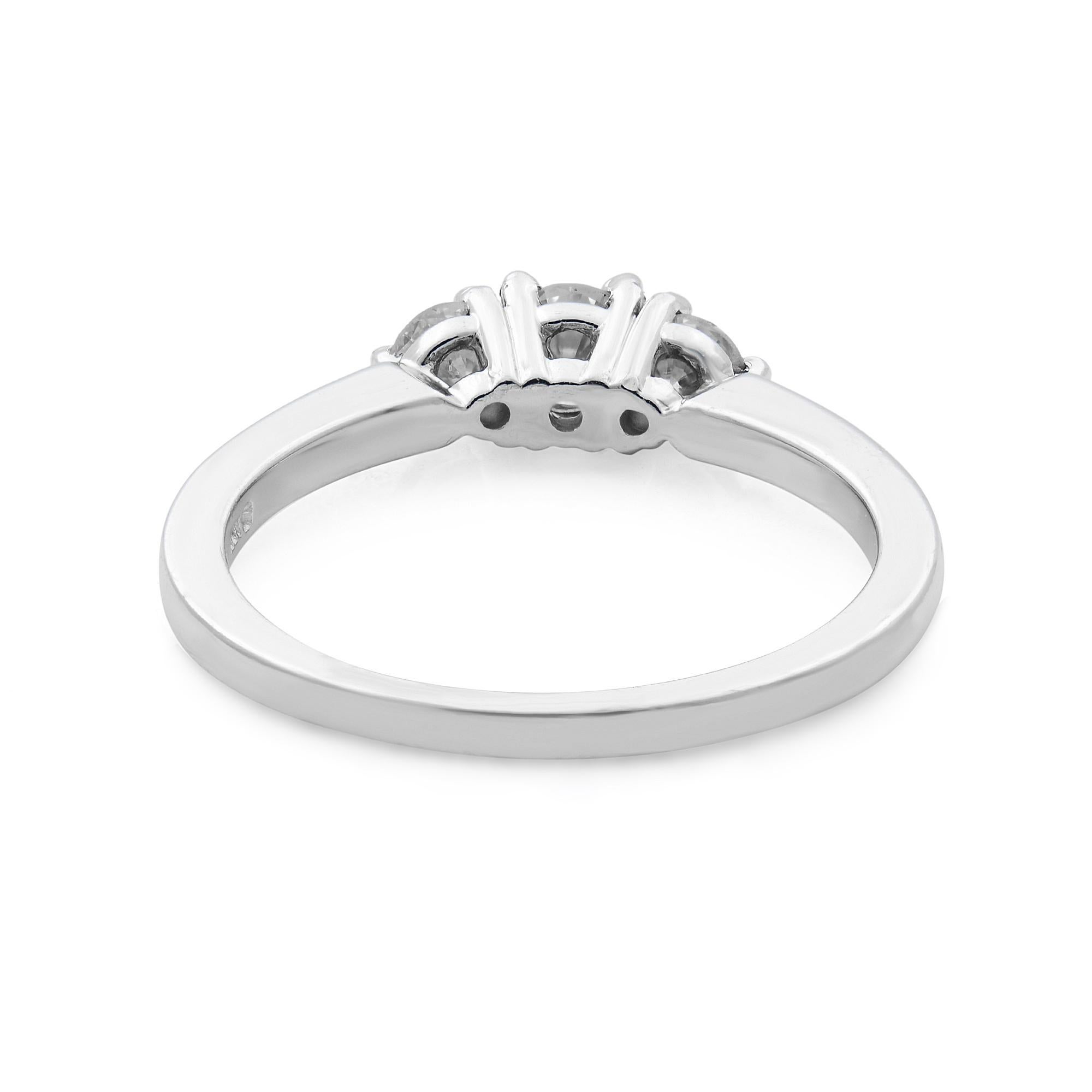 This beautiful ladies diamond engagement ring is crafted in 14K white gold and encrusted with 3 prong set round cut diamonds weighing 0.50 carat. Diamond quality: SI2 clarity and H color. Ring size 7. Total weight: 3 gms. Comes with the