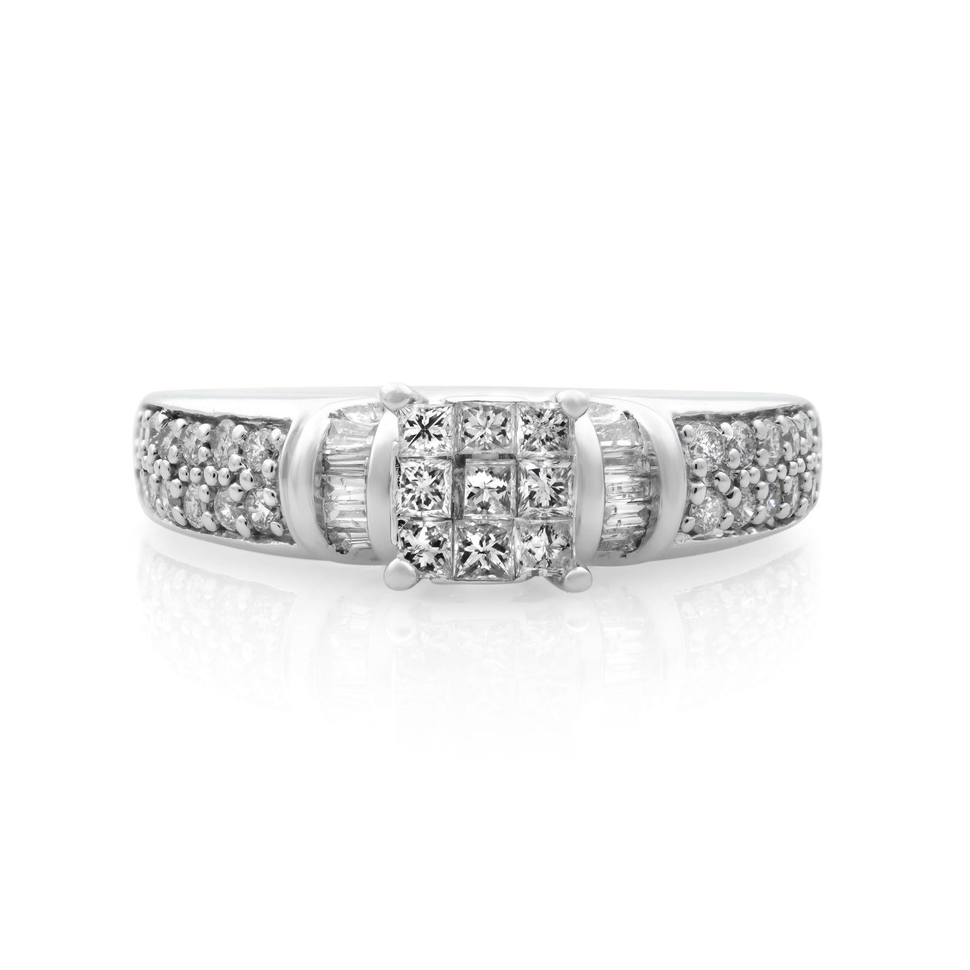 Honor her with this exceptional diamond engagement ring crafted in 14K white gold. This ring features a square-shaped frame, set with 9 princess cut diamonds as a center stone and diamond baguettes on each side. Smaller round accent diamonds are