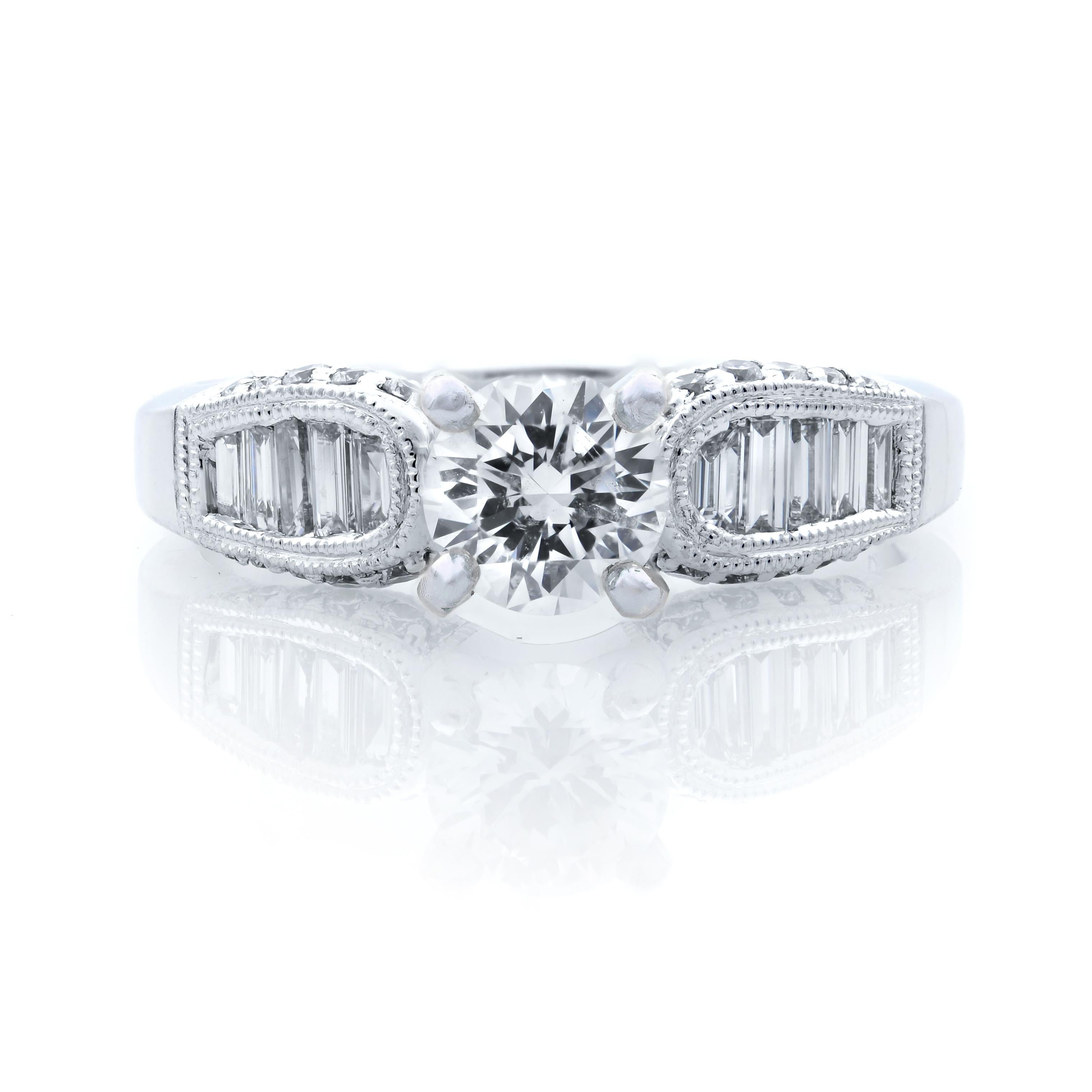 This unique and chic design, 18k white gold engagement ring is the perfect mounting to create an engagement ring, anniversary ring or fashion ring. The center features four prongs that can hold a 0.50 carat round-cut diamond accented with 0.43
