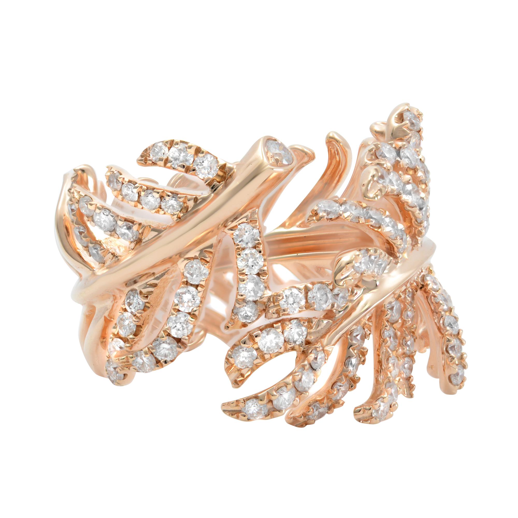 14k rose gold diamond feather cocktail ring. This heavenly feminine piece incorporates a detailed design and it is sure to make a statement. The ring is set with 1.24cttw. Diamond color G and VS-SI clarity. Ring size 6. Comes with a presentable gift