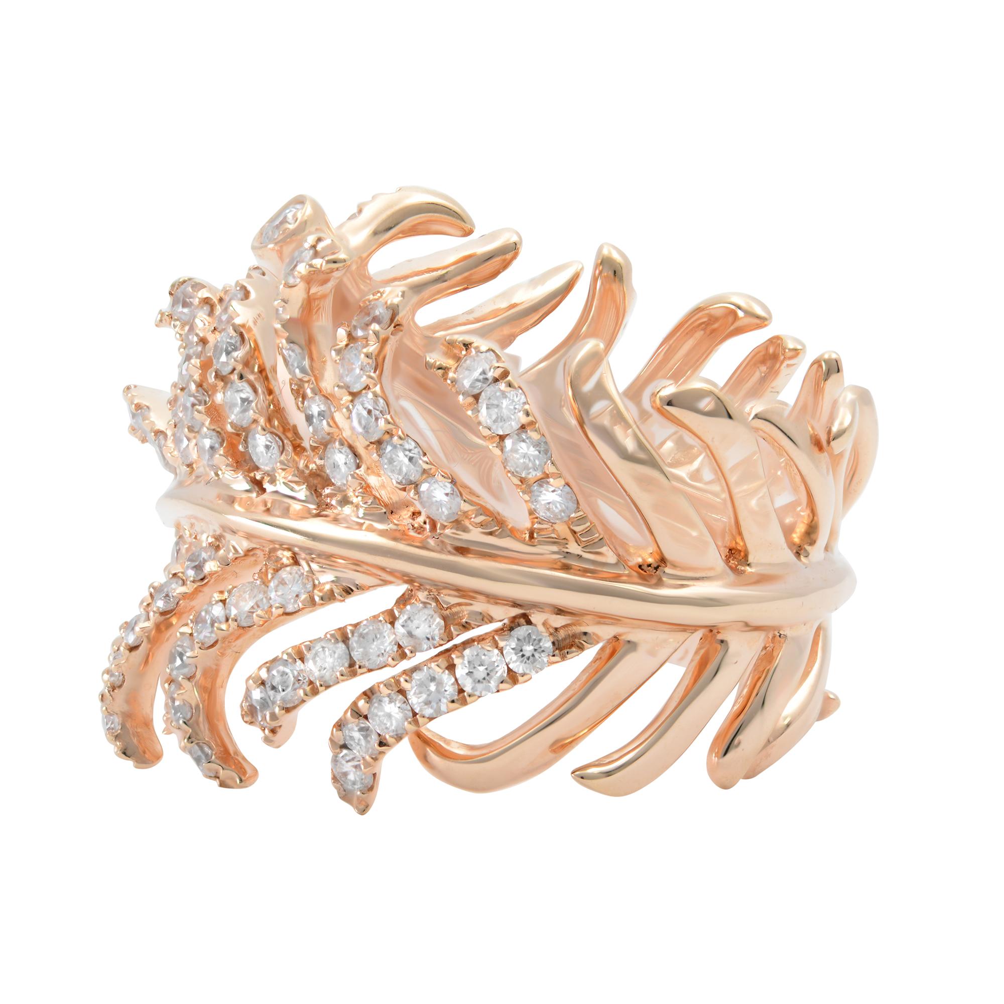 Modern Rachel Koen Diamond Feather Statement Ring 18K Rose Gold 1.24cttw For Sale