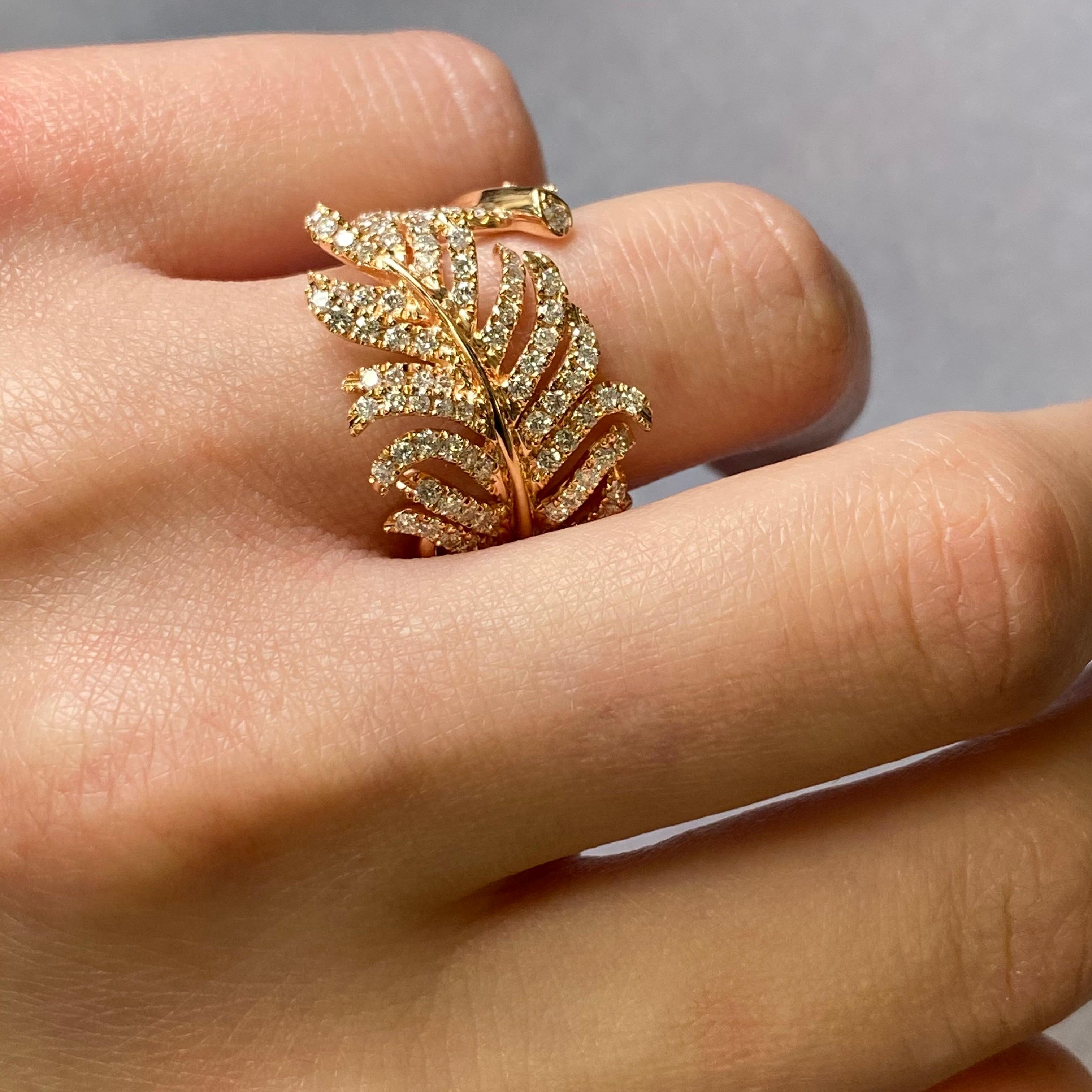 Rachel Koen Diamond Feather Statement Ring 18K Rose Gold 1.24cttw In New Condition For Sale In New York, NY