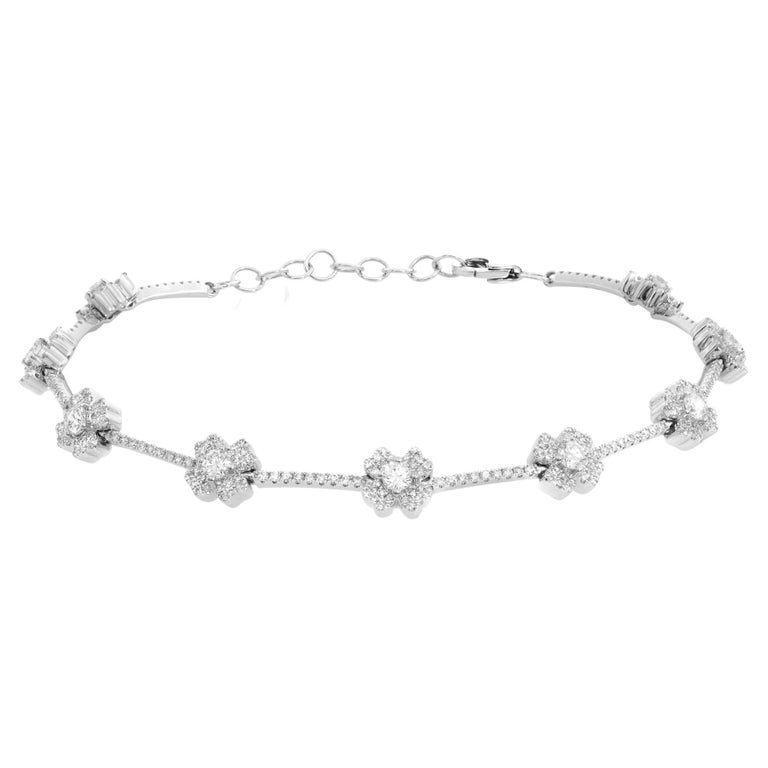 Rachel Koen Diamond Flower Bracelet 14K White Gold 1.29cttw For Sale at