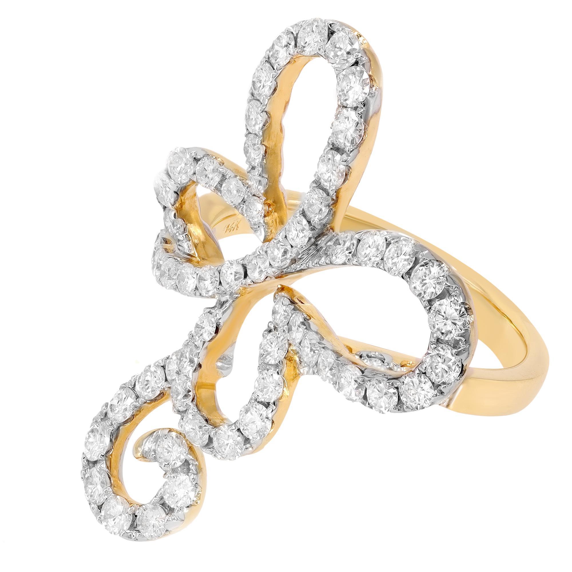 Bold and beautiful butterfly cocktail diamond ring crafted in 14k Yellow Gold. This ring features sparkling round cut diamonds weighing 1.6cttw with color G-H and clarity VS-SI. The ring size is 7.25. Comes with a presentable gift box. 