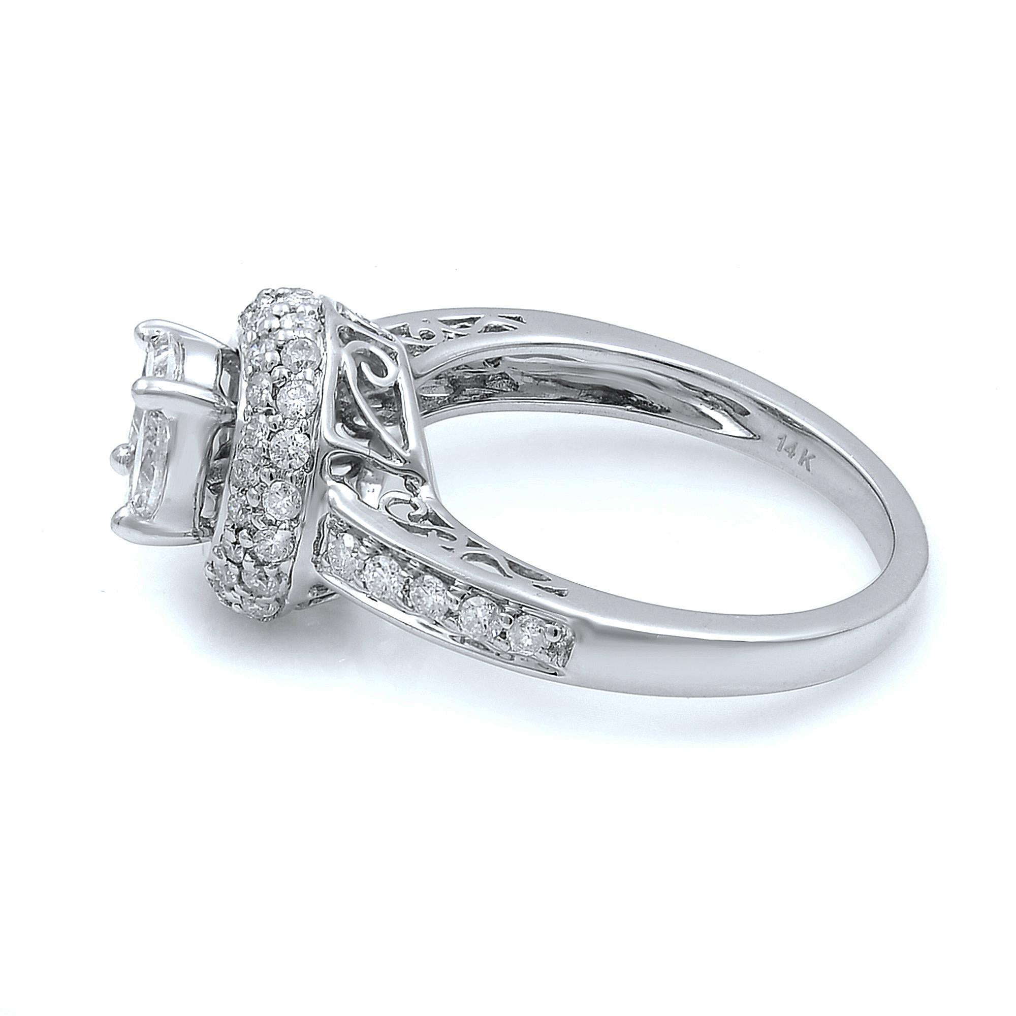 This elegant diamond engagement ring features 14k white gold with 1.13 carats of brilliant round cut diamonds. Center round shape has 1 princess cut diamond and 4 marquise cut diamonds. Halo and shank are set with little round cut diamonds in prong