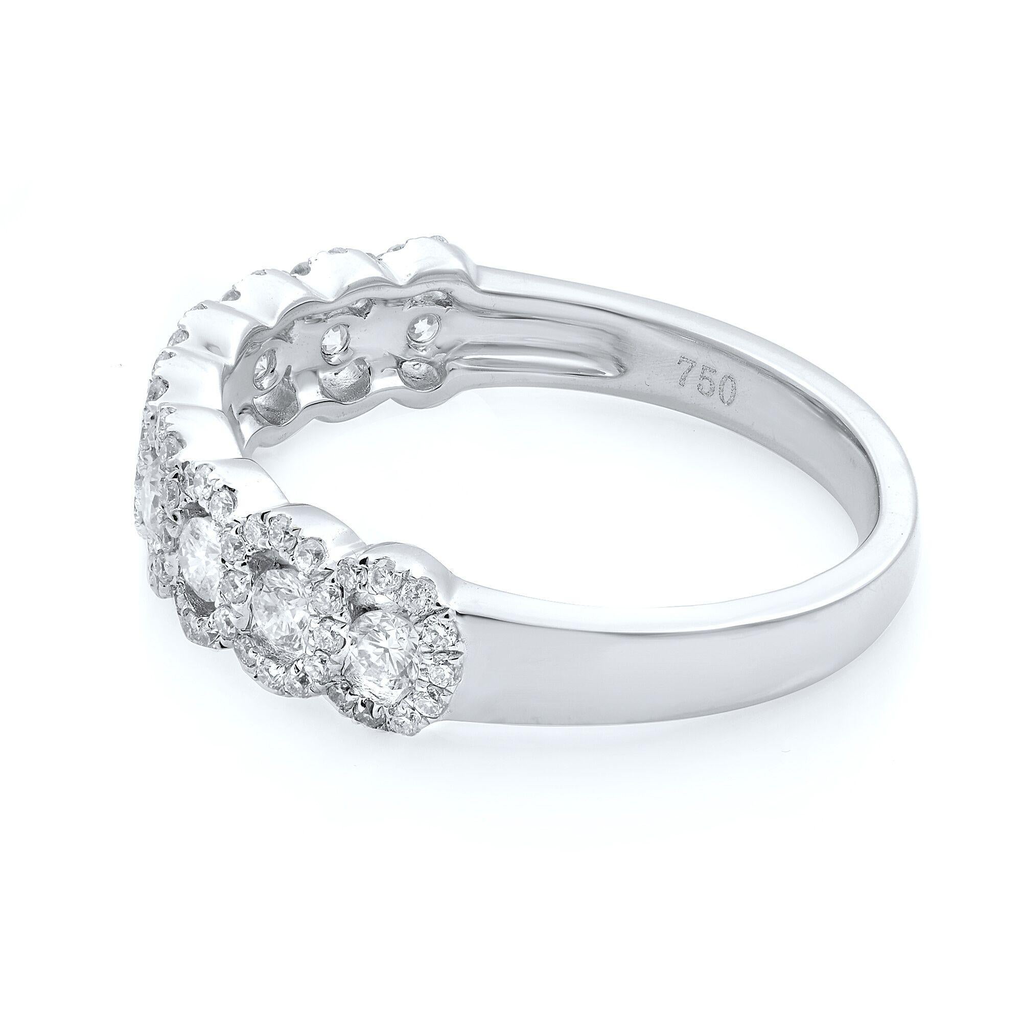 Half-way beautiful eternity round cut diamond halo ring set in 18k white gold. Little tiny diamonds are micro pave set around round cut diamonds. Total carat weight: approx. 0.70. Ring Size: 6.75. Comes in our presentation box. 