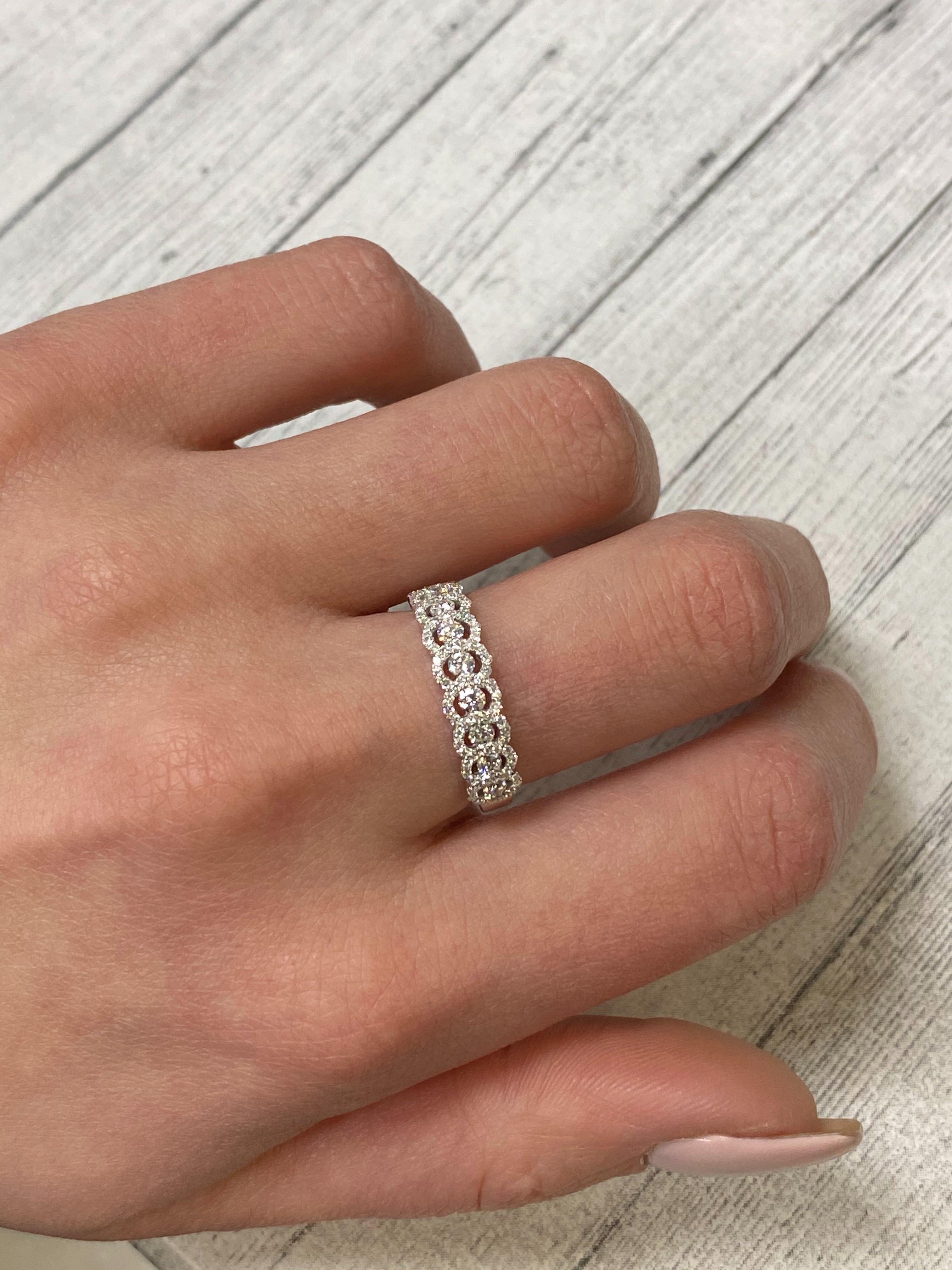 Rachel Koen Diamond Halo Half Way Band 18K White Gold 0.70 Cttw In New Condition For Sale In New York, NY