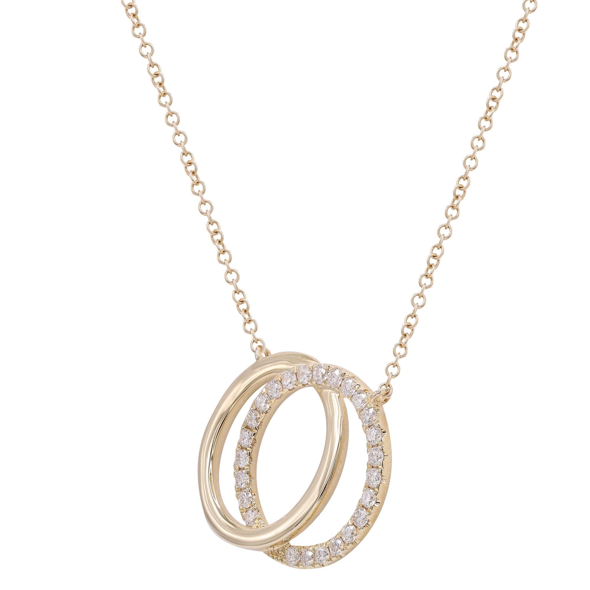 This gorgeous 14k yellow gold interlocking rings diamond pendant necklace beautifully represents the inseparable bond between two souls. A round cut diamond studded ring is interlocked with a high polished yellow gold ring in an everlasting embrace.