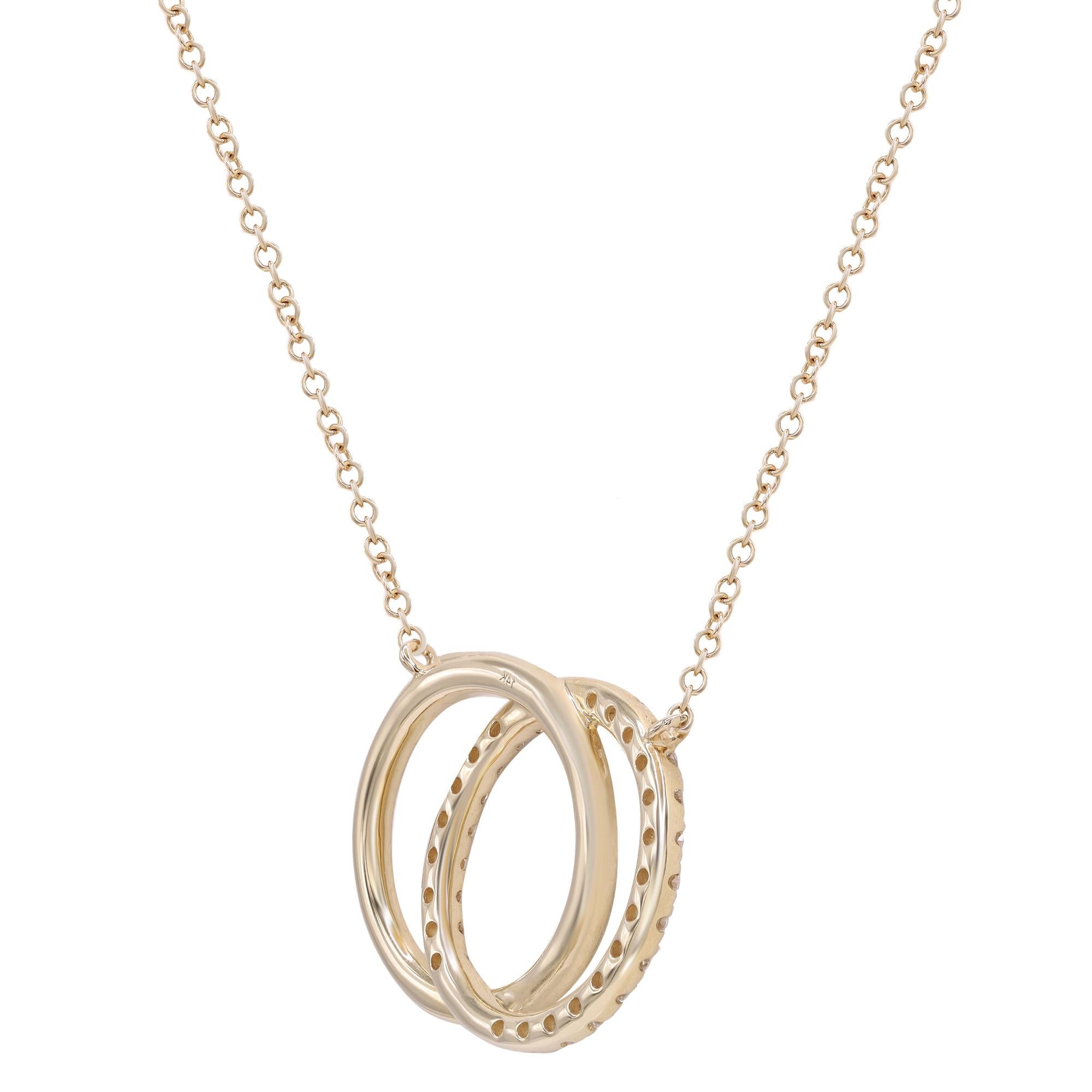 Round Cut Rachel Koen Diamond Interlocking Rings Pendant Necklace 14K Yellow Gold 0.31cttw For Sale