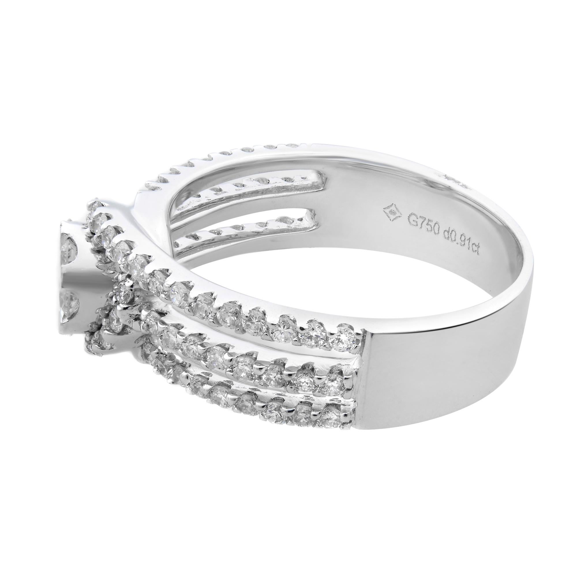 Rachel Koen diamond ladies ring crafted in 18k white gold. The total diamond weight is 0.91cttw with SI1 clarity and G color. Ring size 7.5. Comes in a presentable gift box.