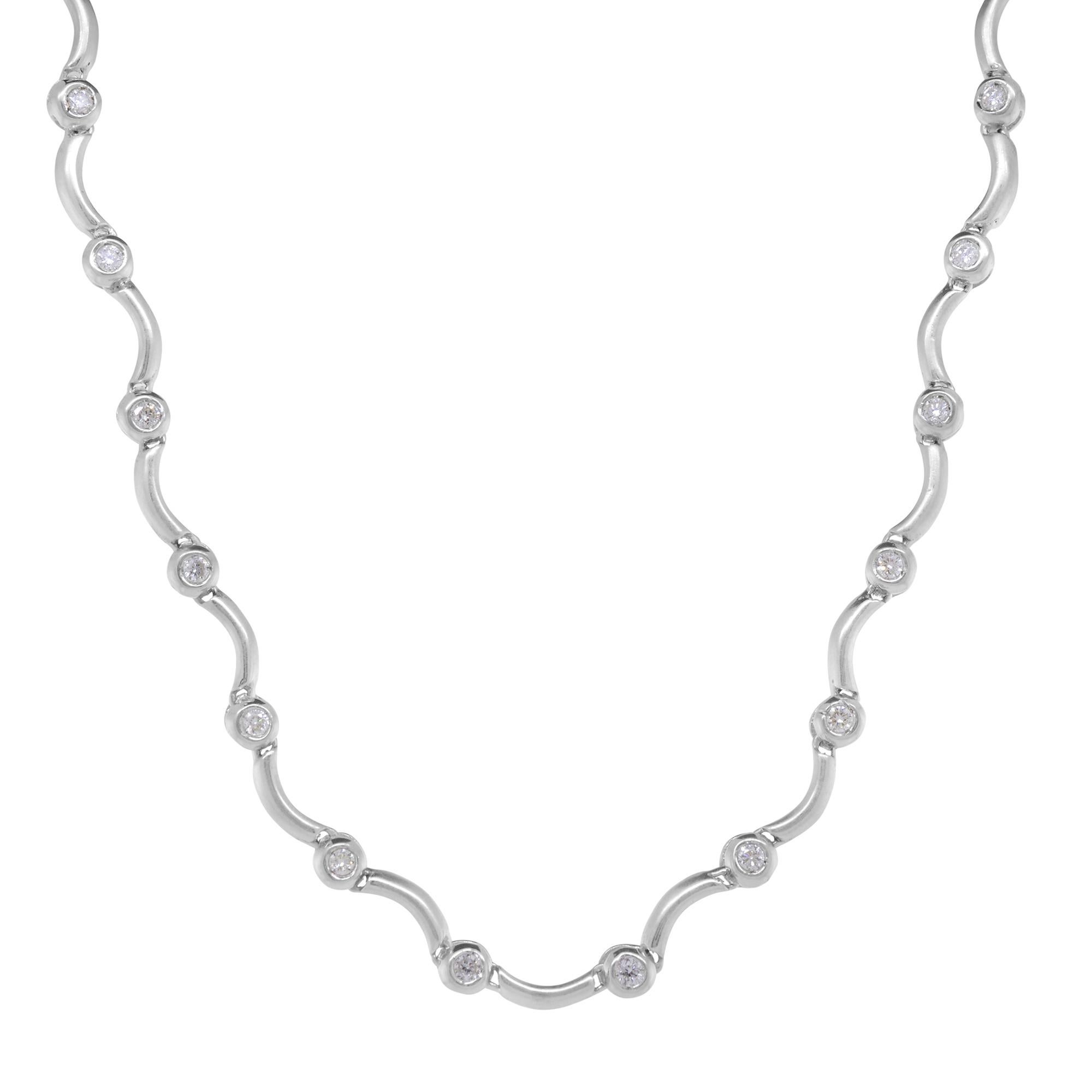An excellent pick for weddings or any special events or everyday wear. This diamond necklace is crafted in 18K white gold, featuring round brilliant cut sparkling diamonds weighing 0.95cttw with G-H color and VS-SI clarity. Necklace length: 16
