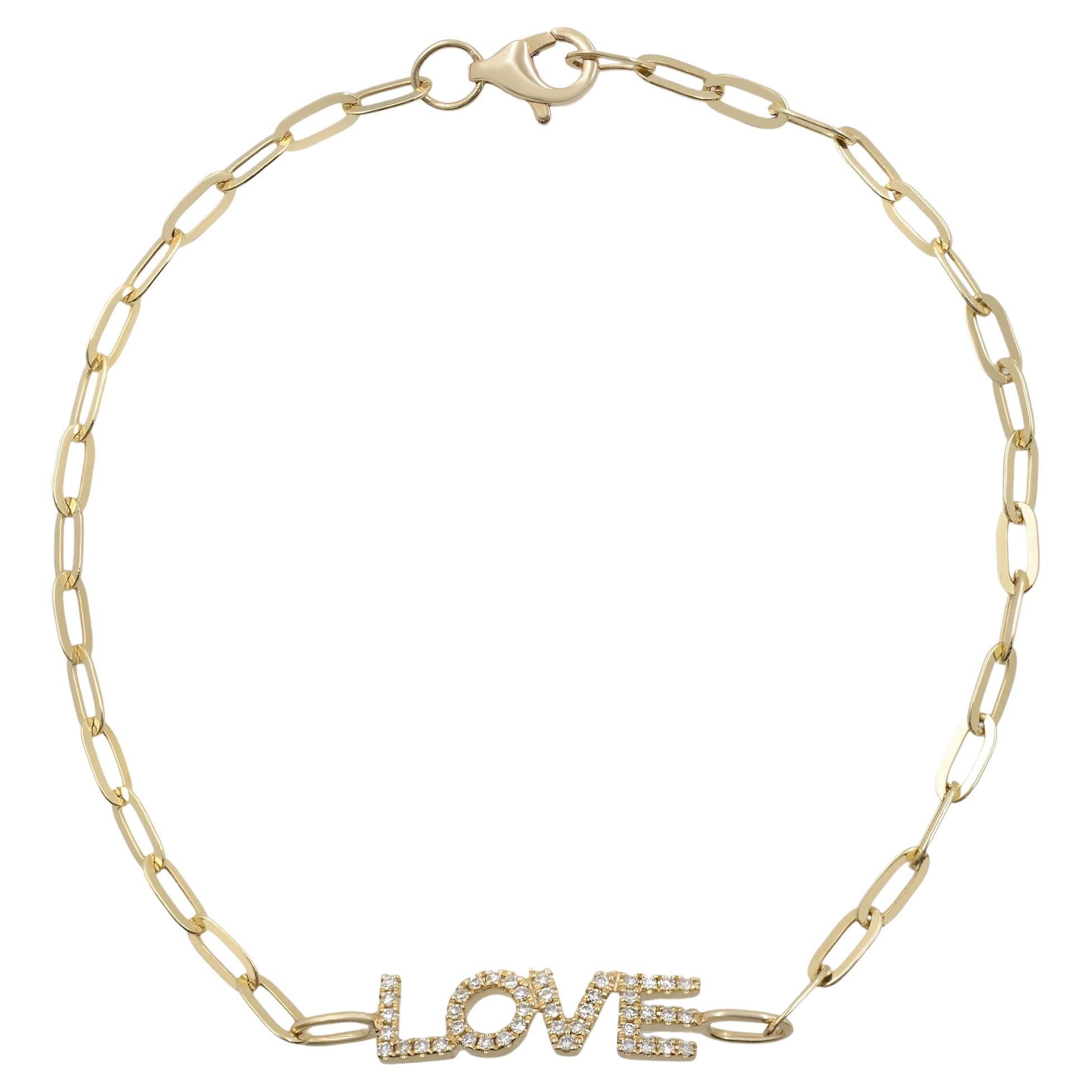 Rachel Koen Diamond Love Paper Clip Link Bracelet 14K Yellow Gold 0.12cttw For Sale
