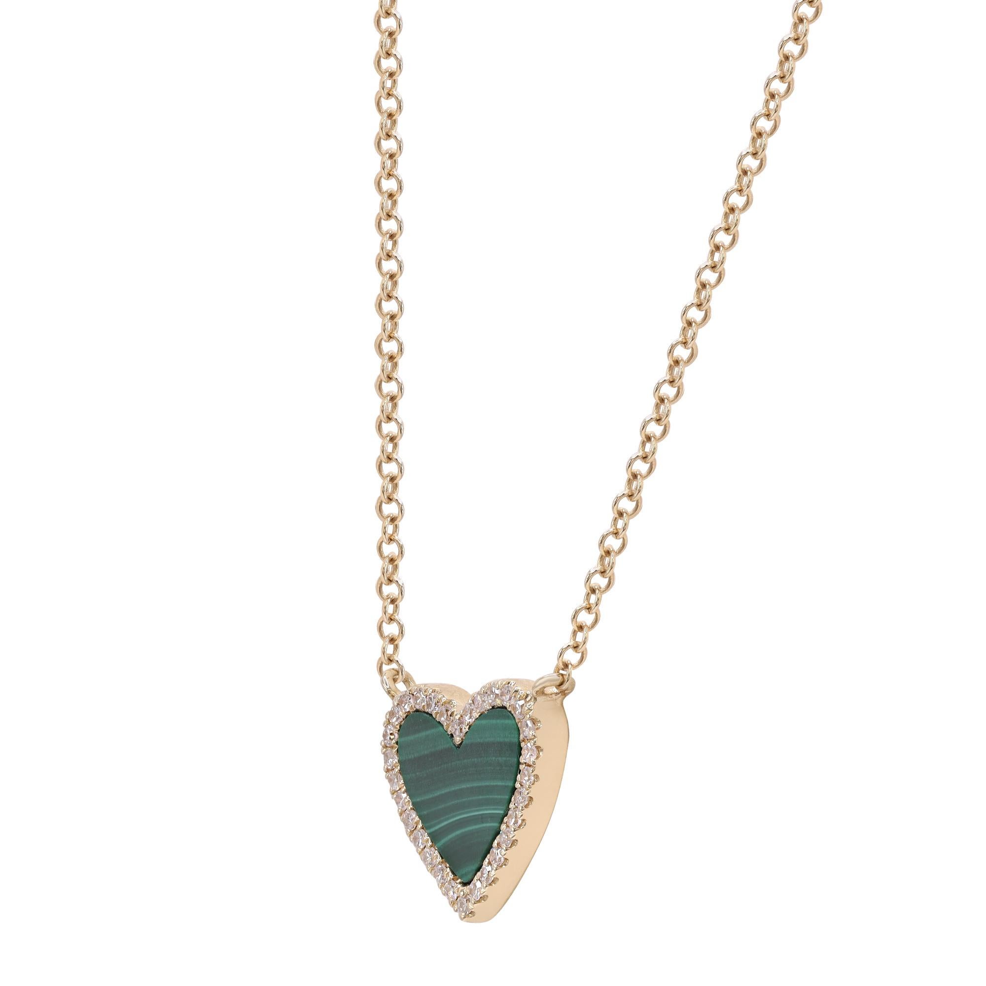 Embrace the beautiful heart shaped green Malachite pendant necklace highlighted by a halo of glistening diamonds. The sparkling round cut diamonds weighing 0.10ct create a striking contrast against the green malachite gem weighing 0.81ct. Diamonds