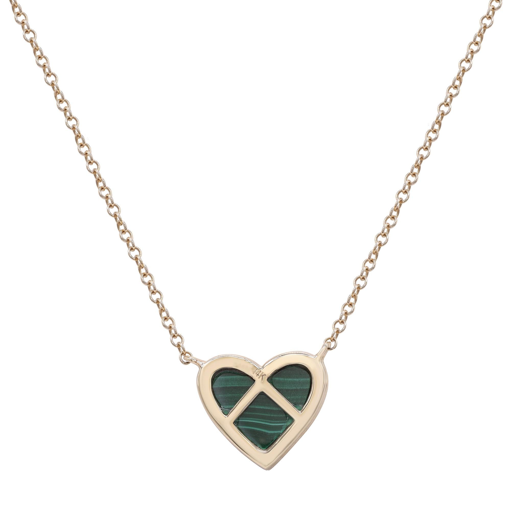 Modern Rachel Koen Diamond Malachite Heart Pendant Necklace 14K Yellow Gold 0.09Cttw For Sale