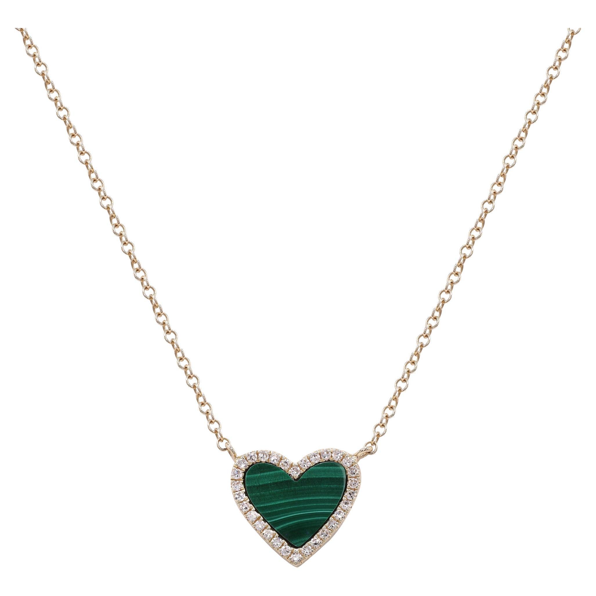 Rachel Koen Diamond Malachite Heart Pendant Necklace 14K Yellow Gold 0.09Cttw For Sale
