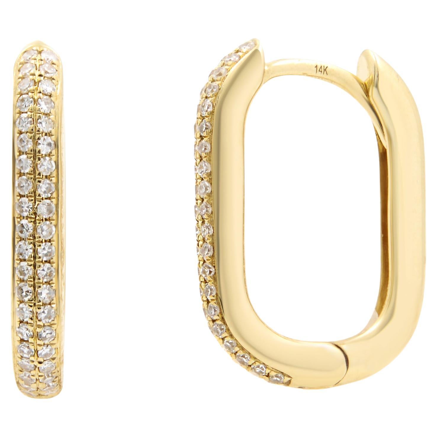 Rachel Koen Diamond Oblong Huggie Earrings 14K Yellow Gold 0.18Cttw For Sale