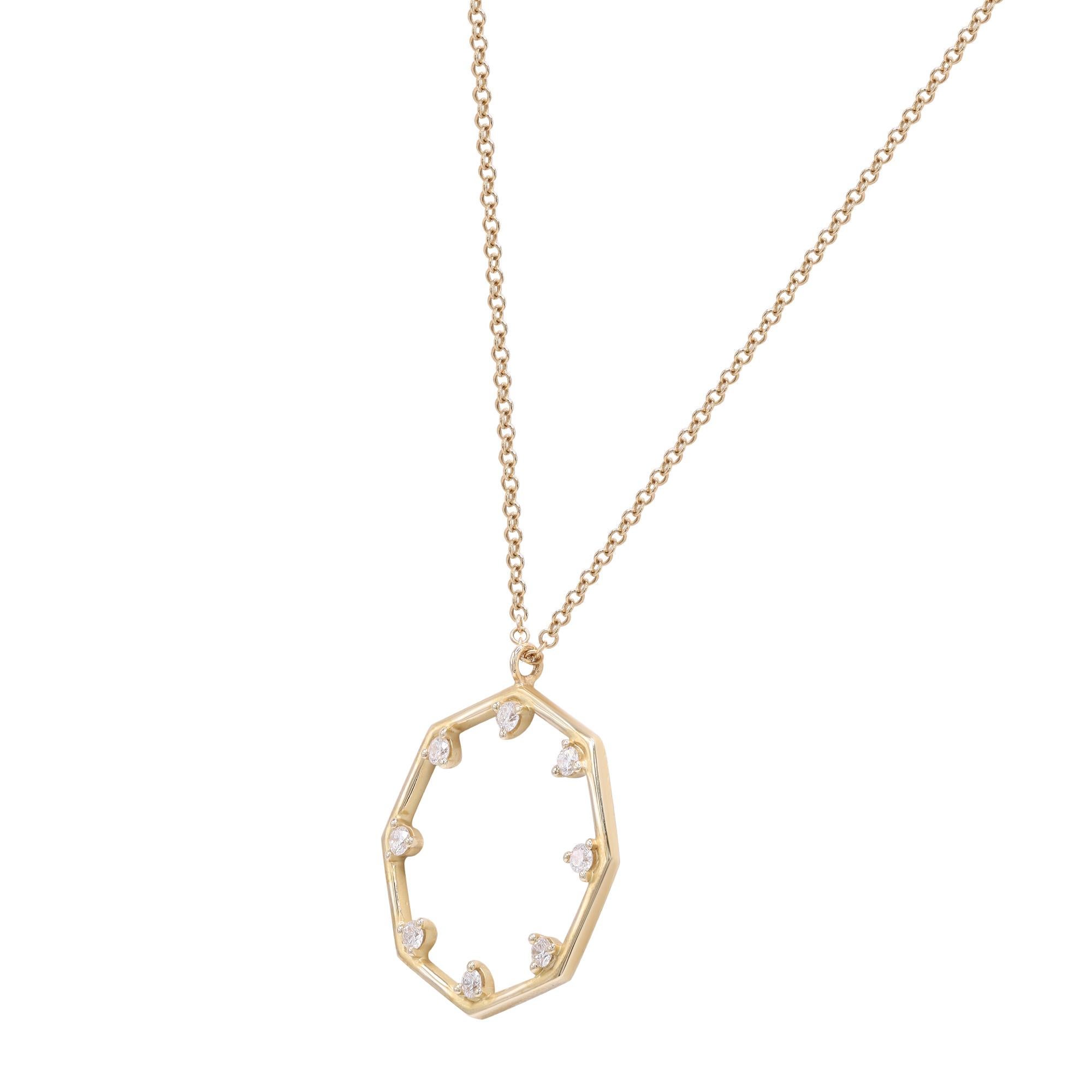 Beautiful and delicate this diamond pendant necklace will leave everyone speechless the moment they see it. Crafted in high polished 14k yellow gold. Octagon shape cut out pendant which is set with 8 brilliant round cut diamonds of G-H color and