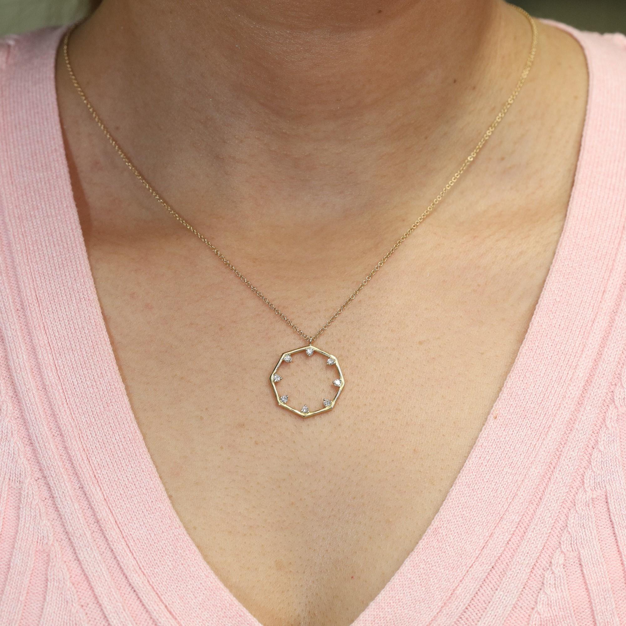 Round Cut Rachel Koen Diamond Octagon Pendant Necklace 14K Yellow Gold 0.17Cttw For Sale