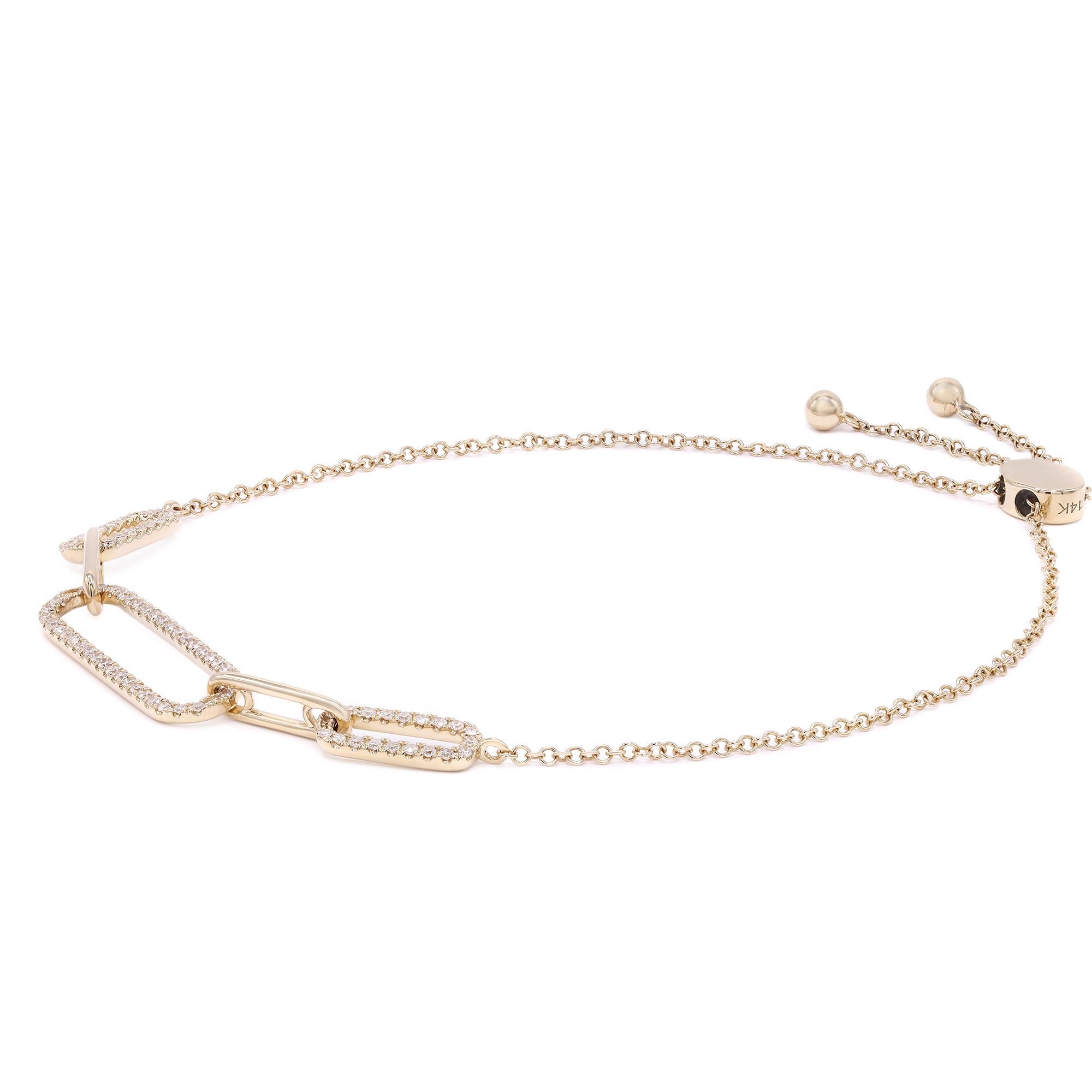 Modern Rachel Koen Diamond Paper Clip Link Bolo Bracelet 14K Yellow Gold 0.24Cttw For Sale