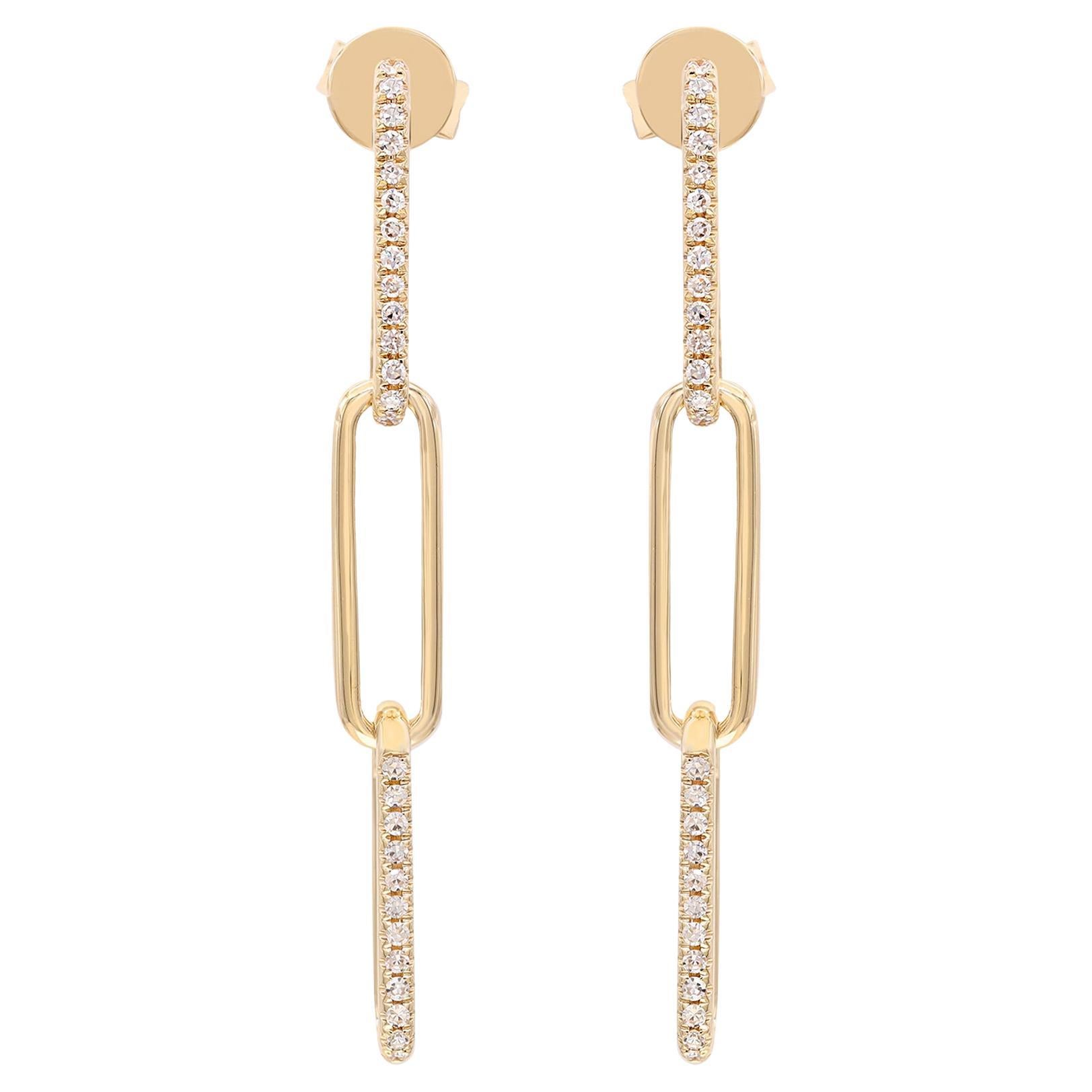 Rachel Koen Diamond Paper Clip Link Drop Earrings 14K Yellow Gold 0.17Cttw