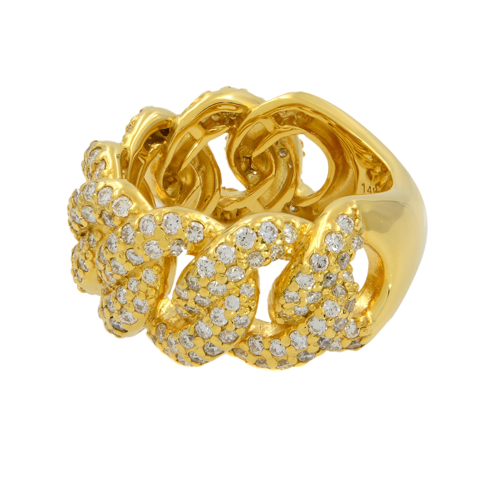 This stunning diamond Cuban link ring weighs approximately 15.3 grams and showcases 2.20 carats of dazzling round cut diamonds. Featuring an incredible design in a 14k yellow gold. This ring is unisex, ring size US 8.5. Diamond quality, color G and