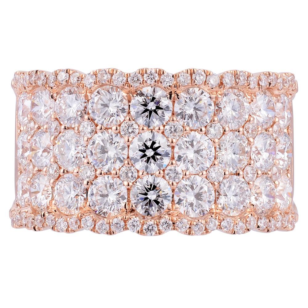 This ring is crafted in 18k rose gold, set with dazzling white round cut diamonds, totaling 3.00 carat. Diamond color F-G and VS-SI clarity. Ring size 6.5. 
This luxury bold ring style is also available in platinum, white gold, or 18K yellow gold by