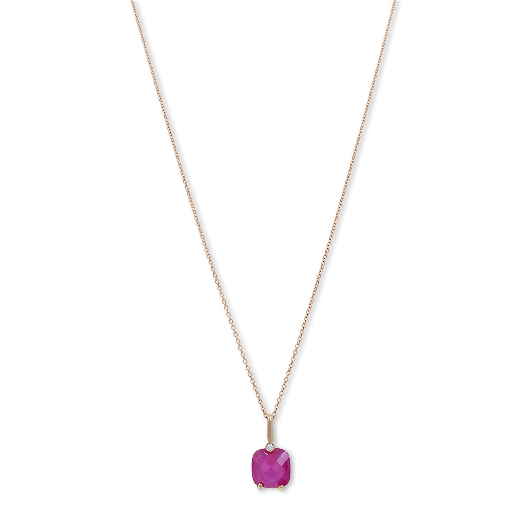 Beautiful and dainty, this rhodolite and diamond pendant necklace is crafted in fine 18k yellow gold. It features a square shaped rhodolite in two prong setting with a round bezel set diamond on the top. Chain length: 16 inches. Total weight: 4.6