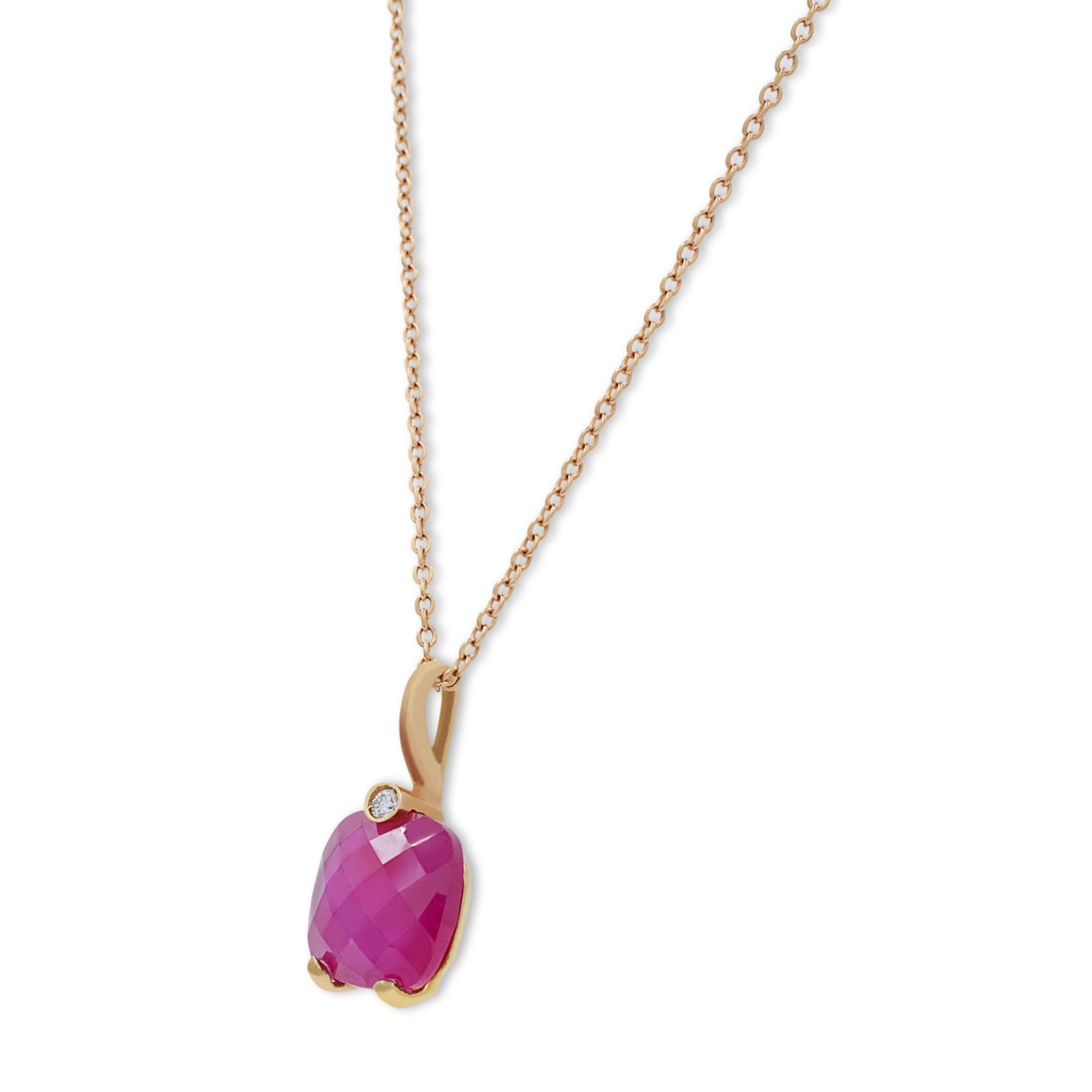 Modern Rachel Koen Diamond Pink Rhodolite Pendant Necklace 18K Yellow Gold For Sale