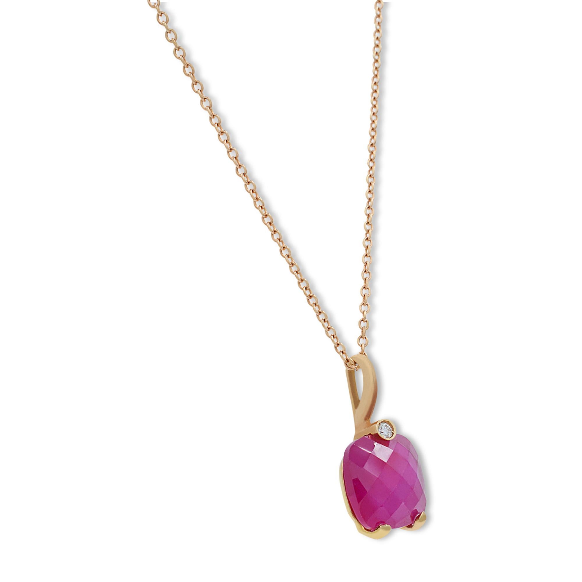 Cushion Cut Rachel Koen Diamond Pink Rhodolite Pendant Necklace 18K Yellow Gold For Sale