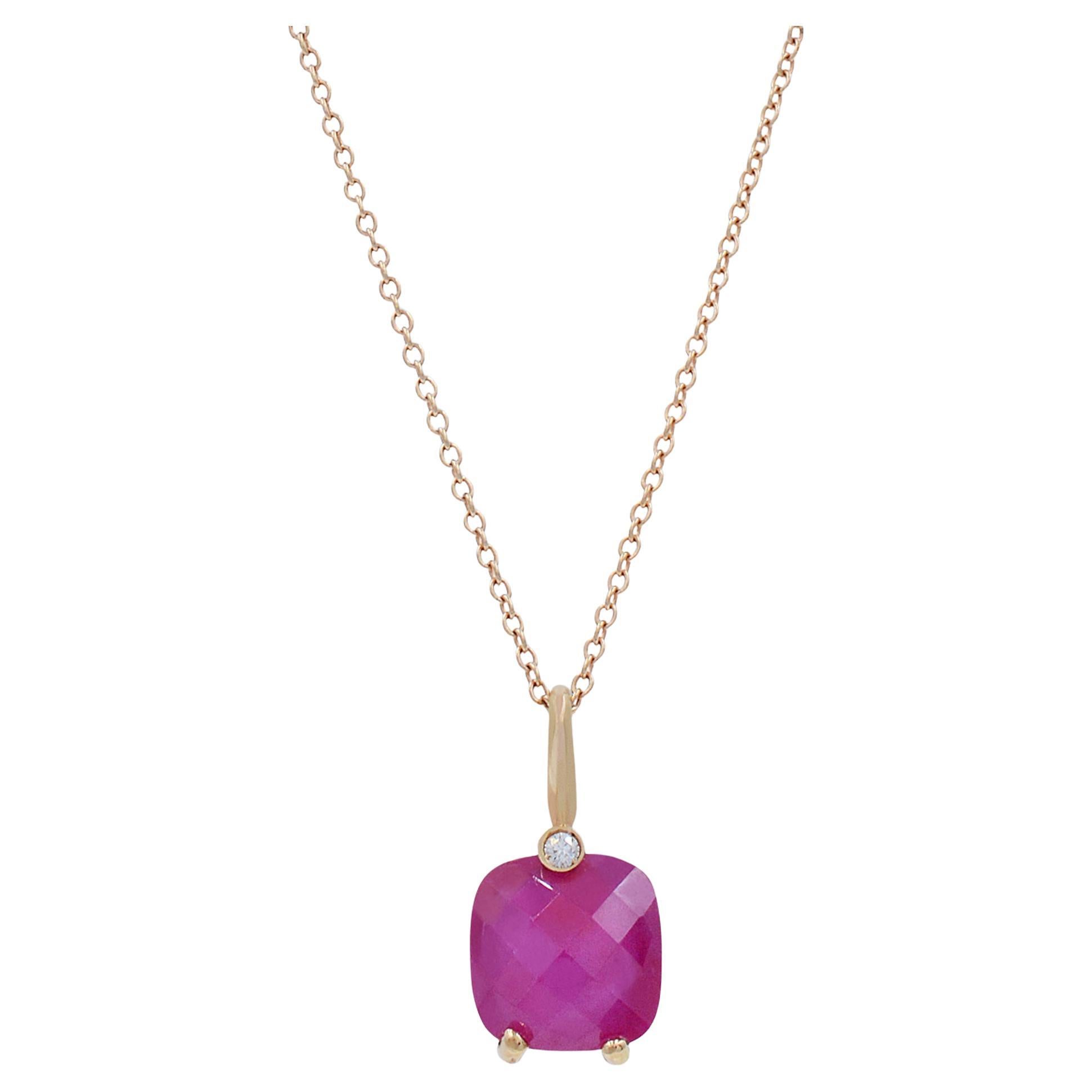 Rachel Koen Diamond Pink Rhodolite Pendant Necklace 18K Yellow Gold For Sale