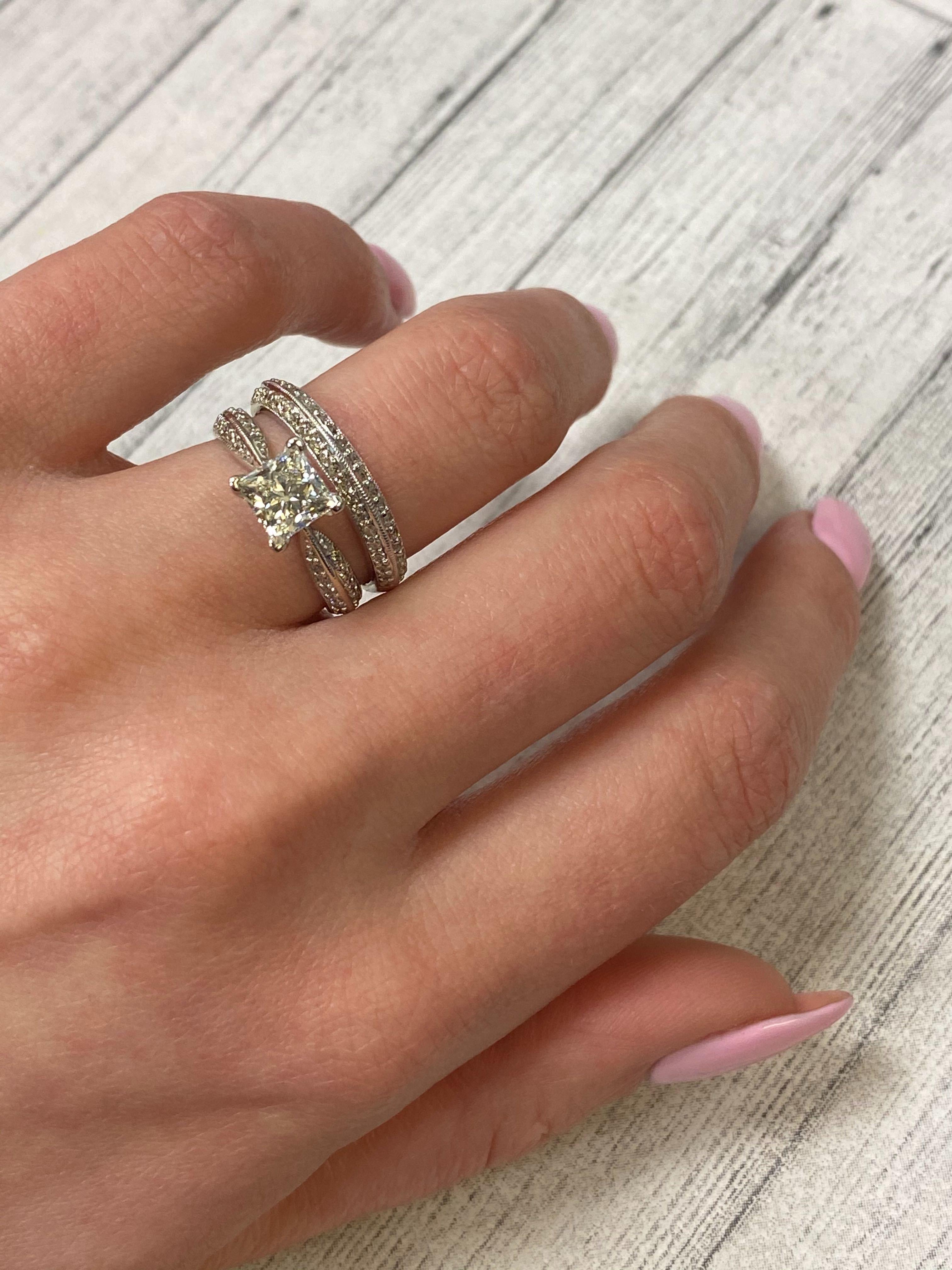 Women's Rachel Koen Diamond Princess Cut Bridal Ring Set 14K White Gold 1.33ct For Sale