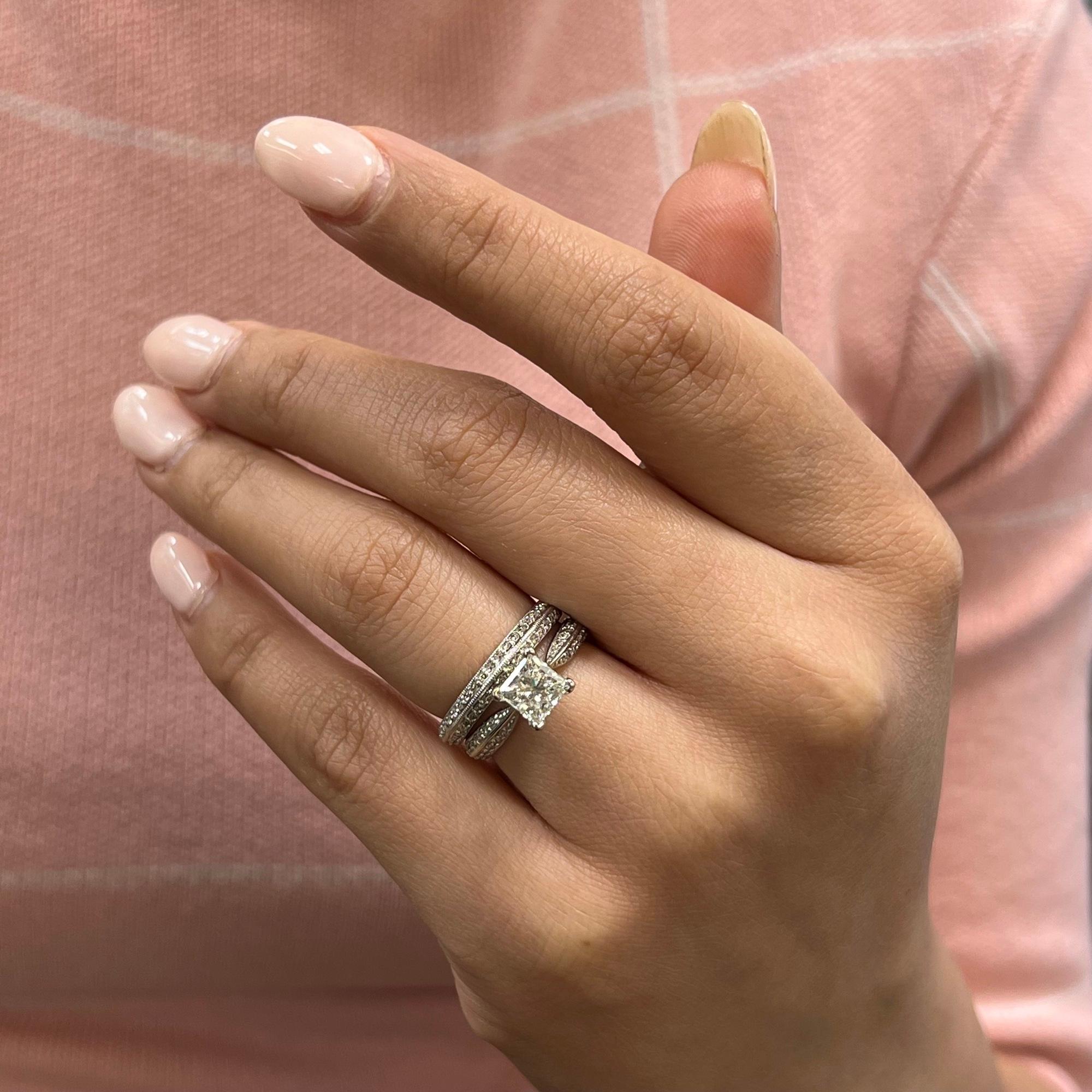 Rachel Koen Diamond Princess Cut Bridal Ring Set 14K White Gold 1.33ct For Sale 1