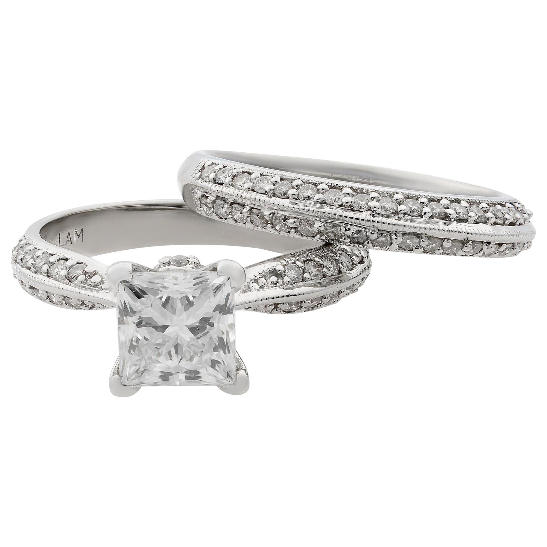 Rachel Koen Diamond Princess Cut Bridal Ring Set 14K White Gold 1.33ct For Sale