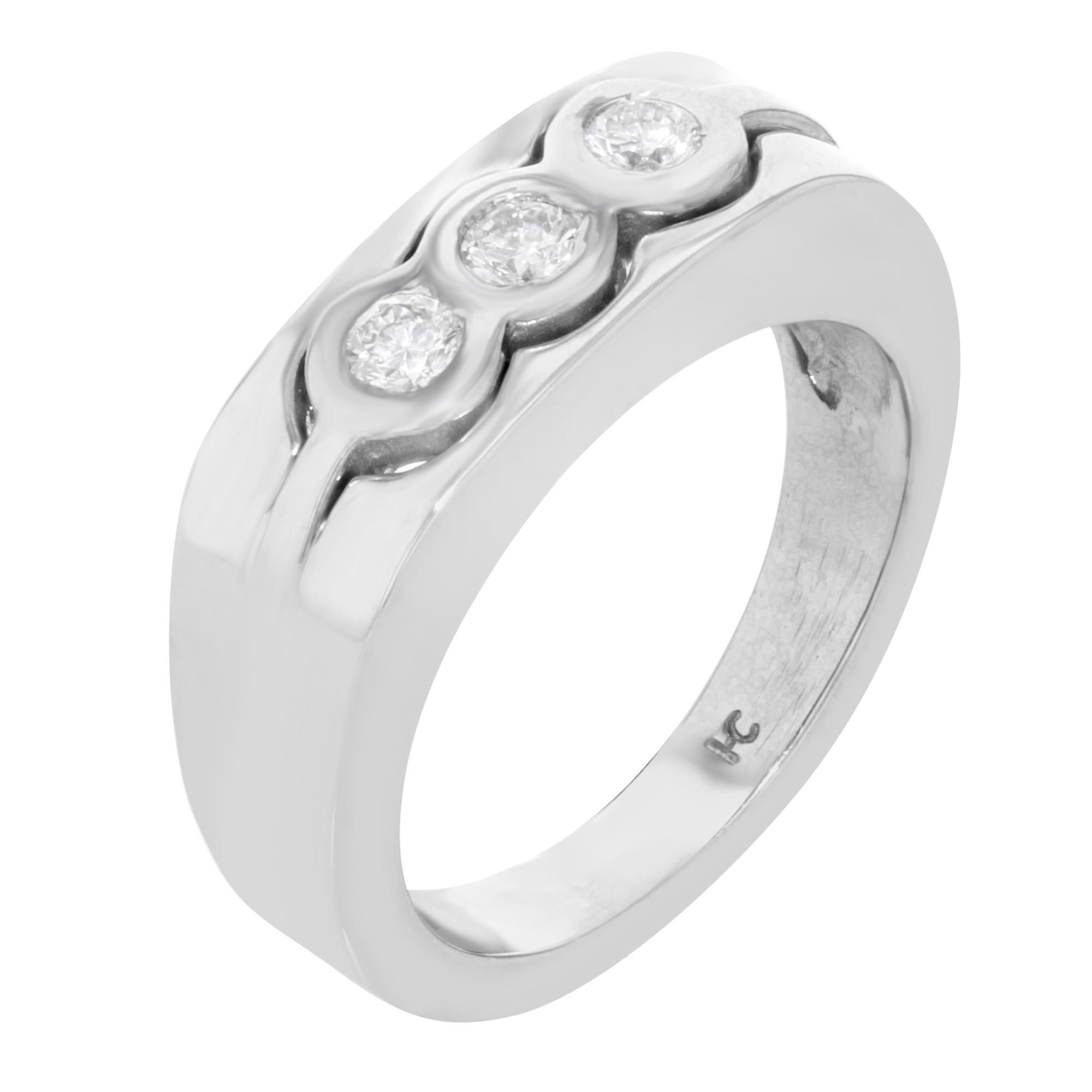 This ring is crafted in high polished 14k white gold and encrusted with approximately 0.40 Cttw of bezel set dazzling round brilliant cut diamonds. Band size 8. Total weight: 9.7 gms. Comes with a presentable gift box.