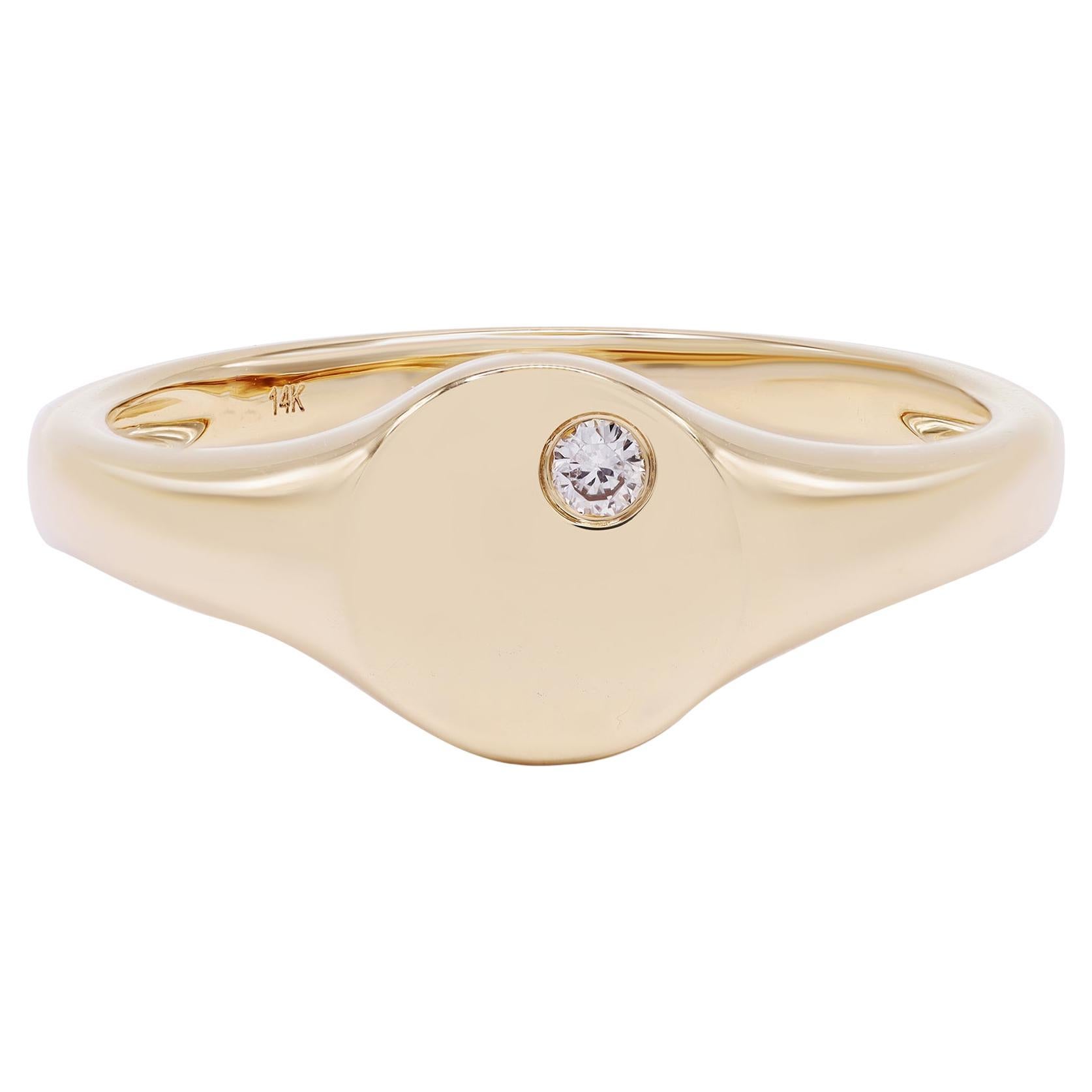 Rachel Koen Bague sigillaire ronde en or jaune 14 carats avec diamants 0,03 carat poids total en vente