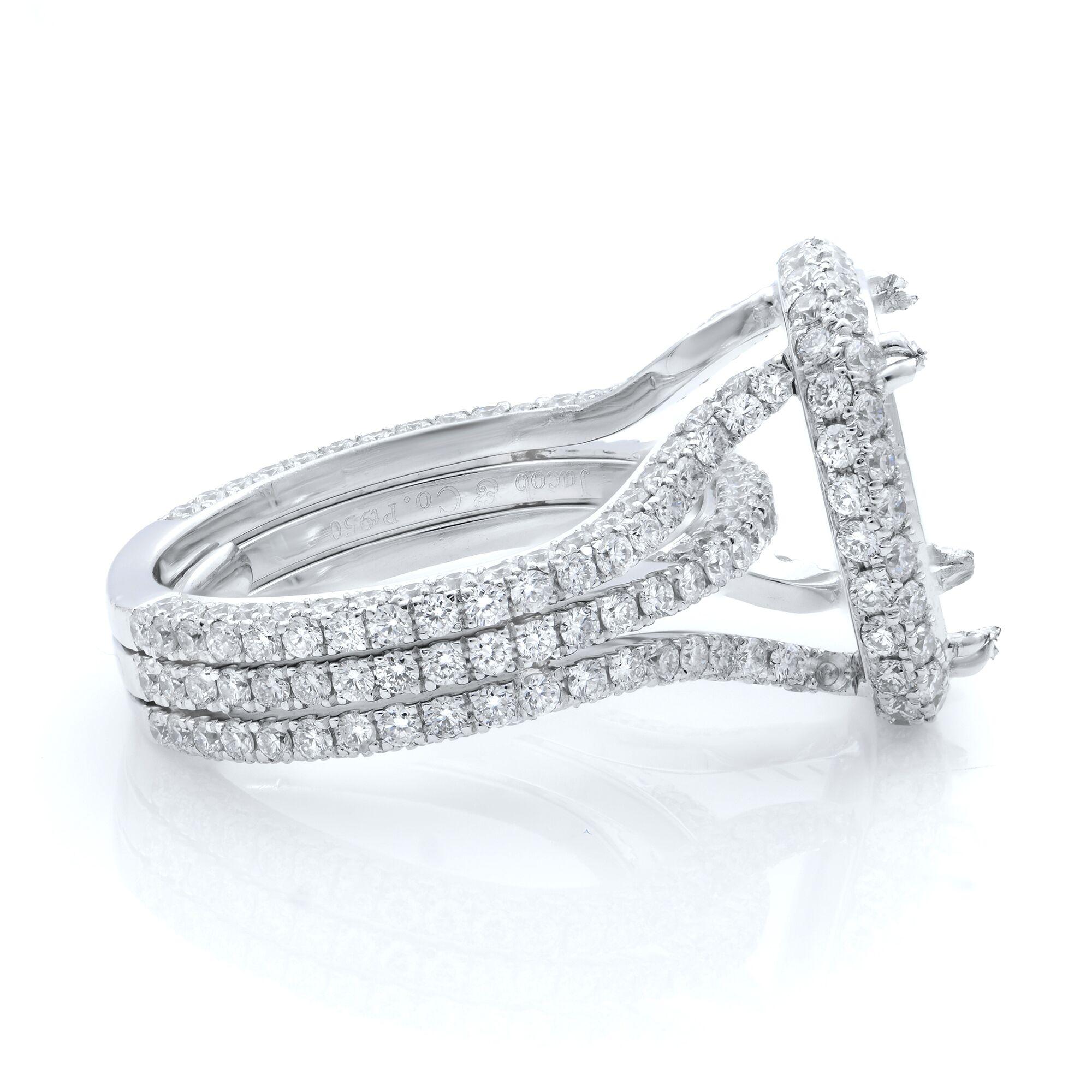 Modern Rachel Koen Diamond Set Cushion Cut Center Stone Mounting Platinum Ring