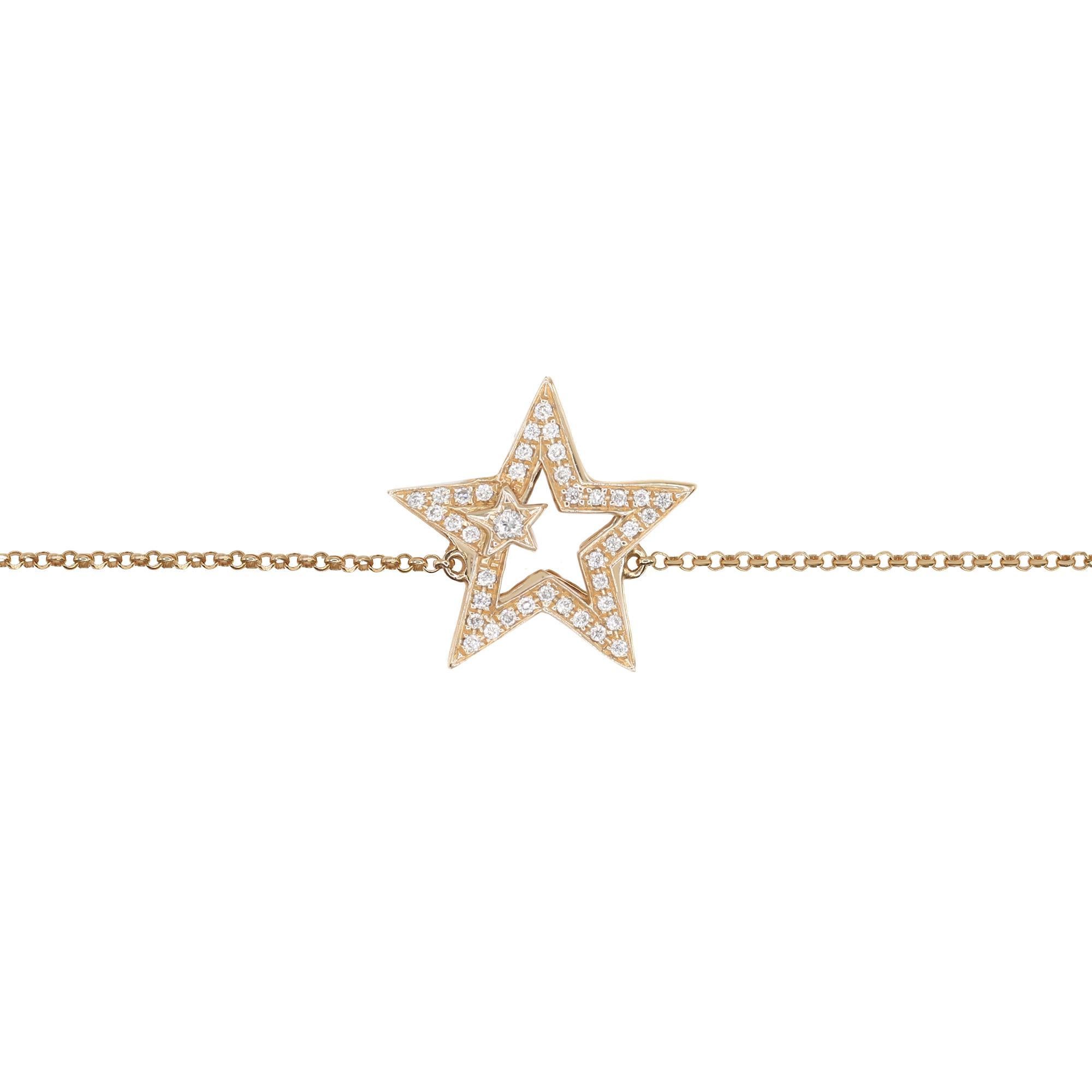 Lightness and simplicity is what makes this bracelet special. A diamond star bracelet, set with 0.19cttw of round cut diamonds. Diamond color I and SI-I clarity. This piece is crafted with 18k rose gold. Bracelet length: 7 inches. Adjustable chain.