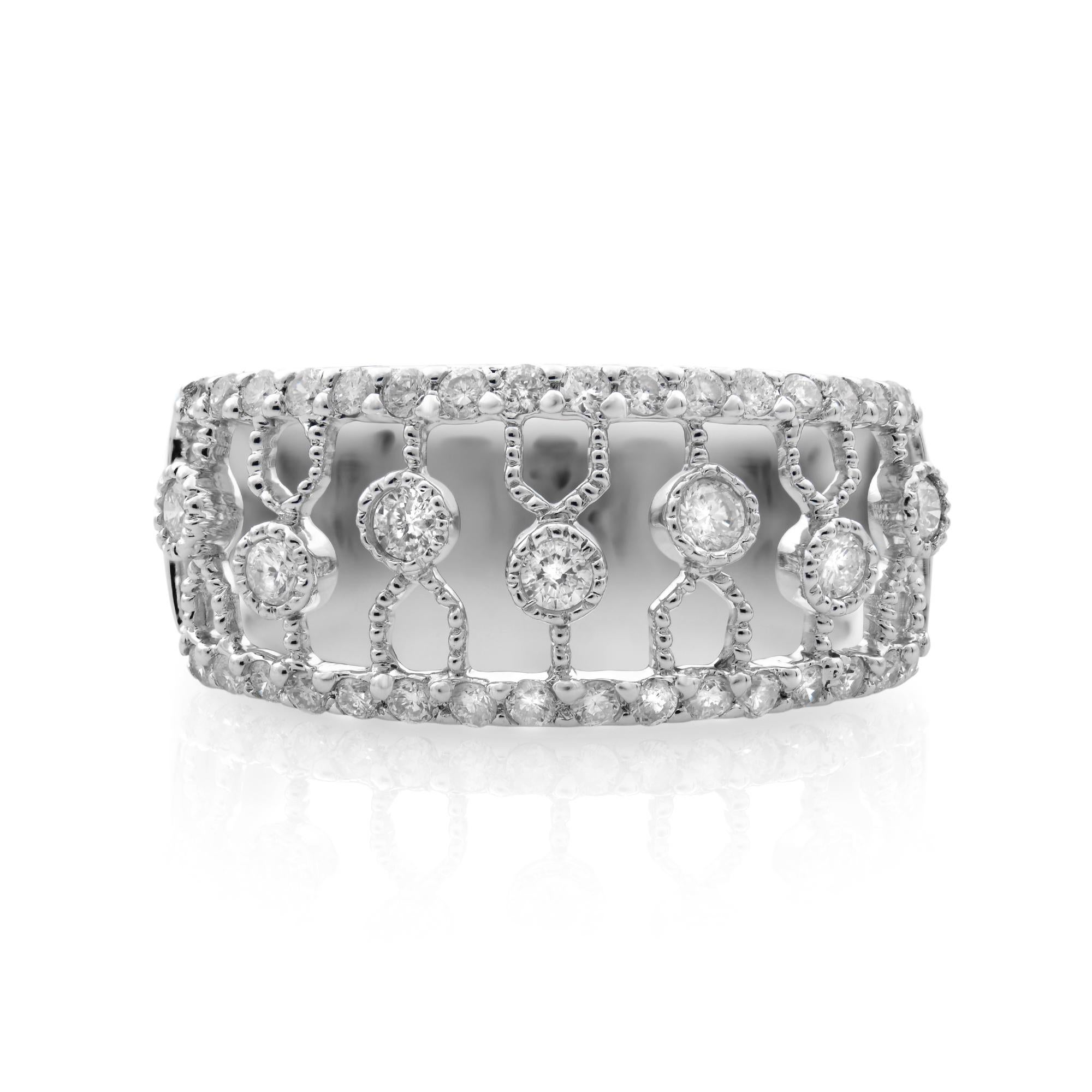 This wide band openwork design ring is crafted from rich 14K white gold. Set with  tiny diamonds, totaling in 0.50 carat. Diamond color G and VS2 clarity. Ring size 6.5. Width of the ring 9.00-5.40mm. Comes with a presentable gift box.